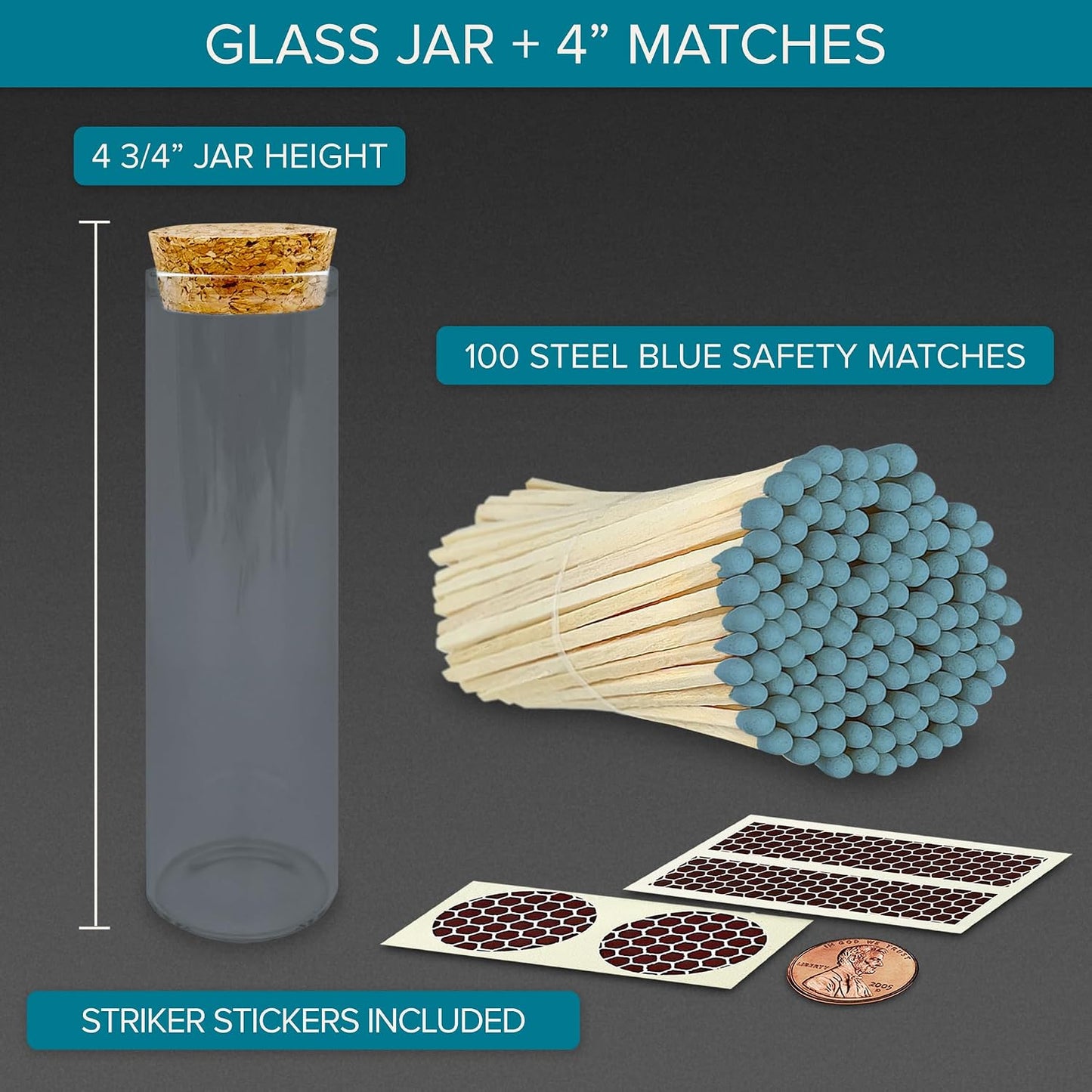 Thankful Greetings 4" Steel Blue Matches in a Jar + Striker Stickers Included | 100 Stylish & Modern Decorative Safety Matches with a Cork Top Glass Holder | Gifts, Home Decor, & Candle Accessories