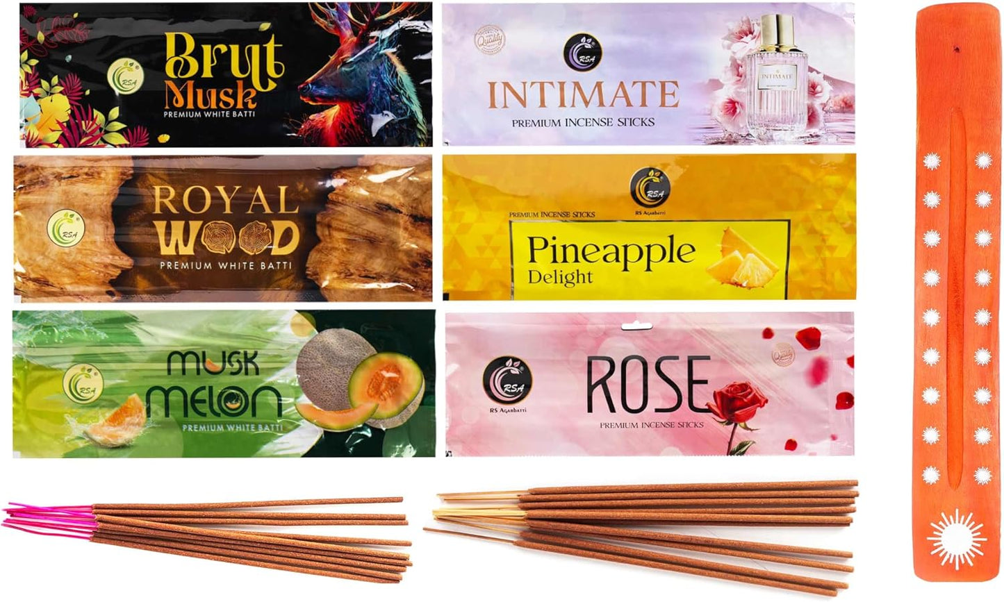 Incense Sticks Gift Set for Relaxation, Meditation, Positivity, Stress Relief and Yoga with 1 Wooden Holder Brut Musk Royalwood Pineapple Intimate Musk Melon Rose, 12x6 Sticks, 20x6 gram, Hashcart®
