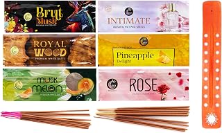 Incense Sticks Gift Set for Relaxation, Meditation, Positivity, Stress Relief and Yoga with 1 Wooden Holder Brut Musk Royalwood Pineapple Intimate Musk Melon Rose, 12x6 Sticks, 20x6 gram, Hashcart®