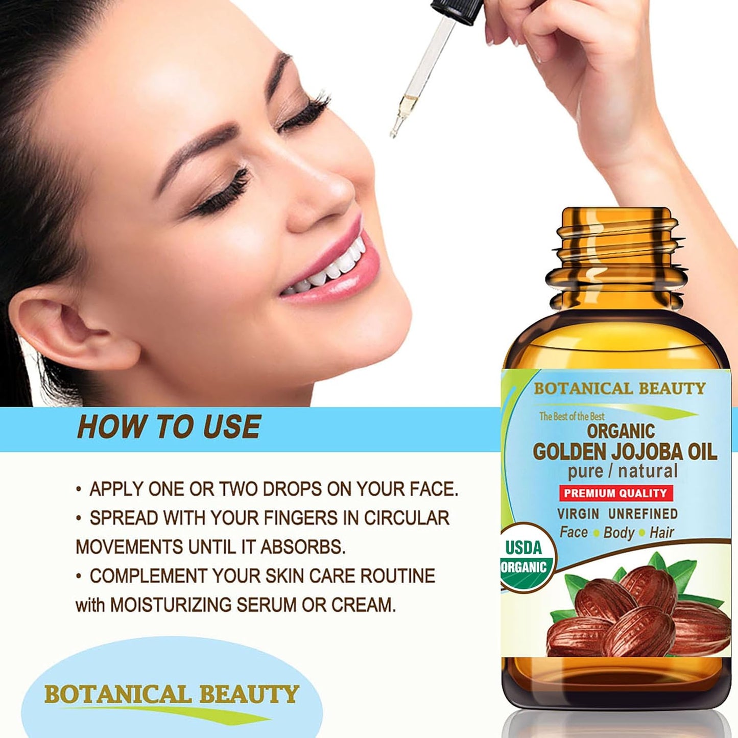 Botanical Beauty Organic JOJOBA OIL 100% Pure Natural VIRGIN UNREFINED Cold-Pressed Carrier Oil 0.5 Fl oz 15 ml for Face, Skin, Body, Hair, Lip, Nails. Rich in Vitamin E, Omega 6, Omega 9