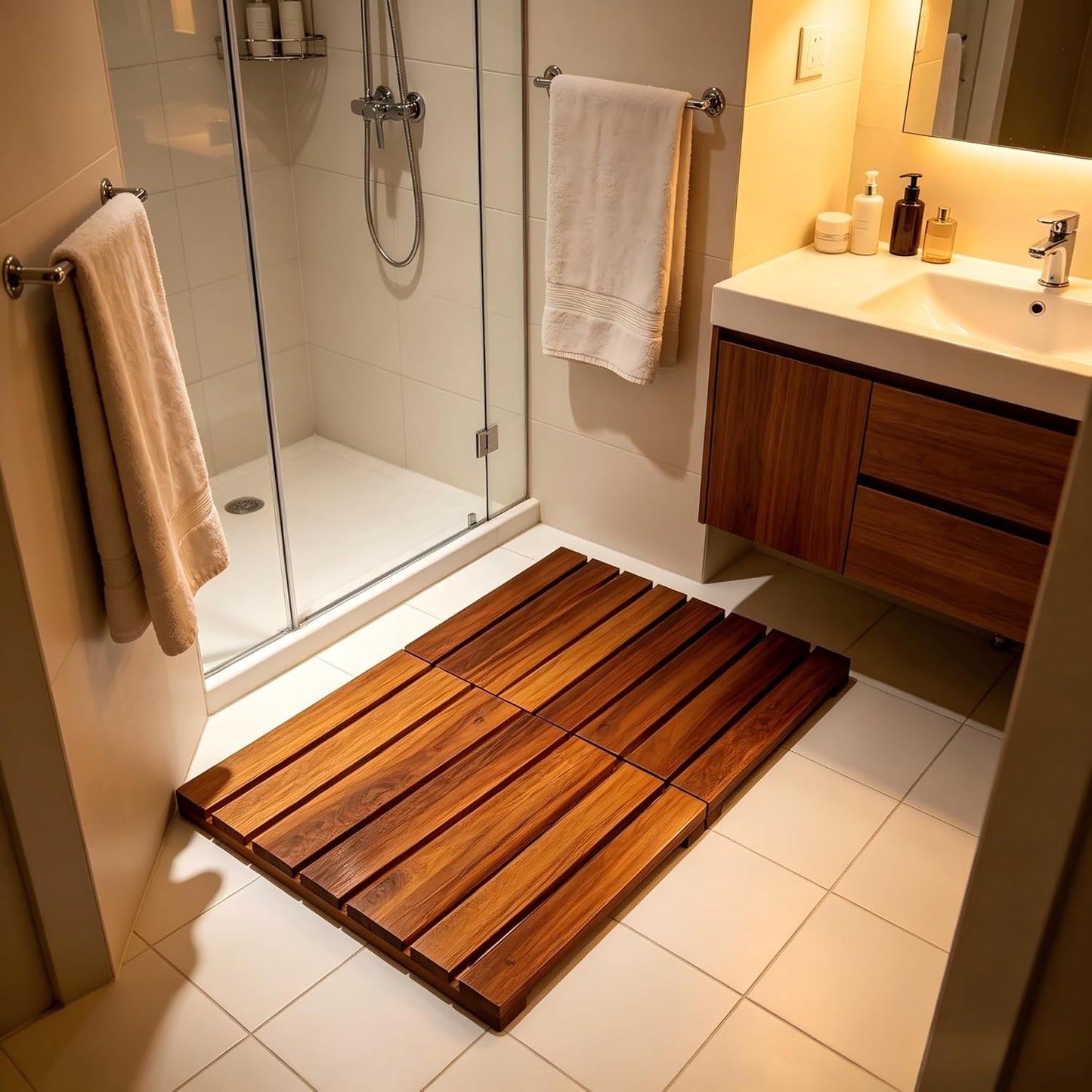 Wood Shower Bath Mat - Foldable Wooden Bathroom Mat, Bamboo Teak Acacia Floor Mat Rugs for Inside Shower Platform Outdoor Indoor