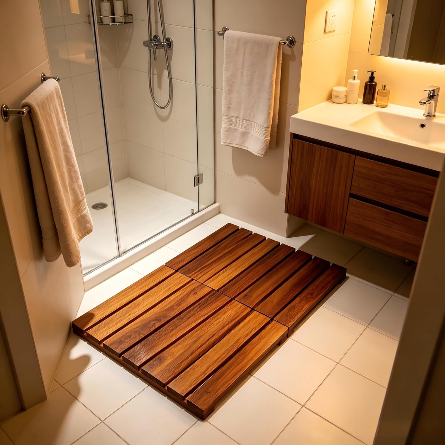 Wood Shower Bath Mat - Foldable Wooden Bathroom Mat, Bamboo Teak Acacia Floor Mat Rugs for Inside Shower Platform Outdoor Indoor