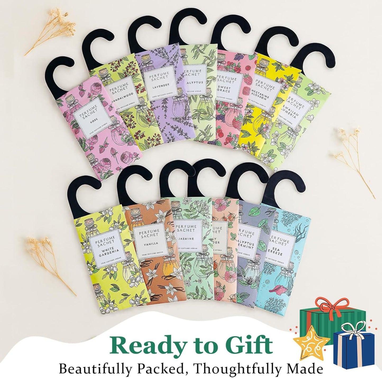 ROSE COTTAGE Large 12 Packs Hanging Closet Deodorizer Air Freshener Scented Sachets Long Lasting Smell Goods 6 Scents Option - Lavender, Linen, Cotton, Mint, Jasmine, Rose