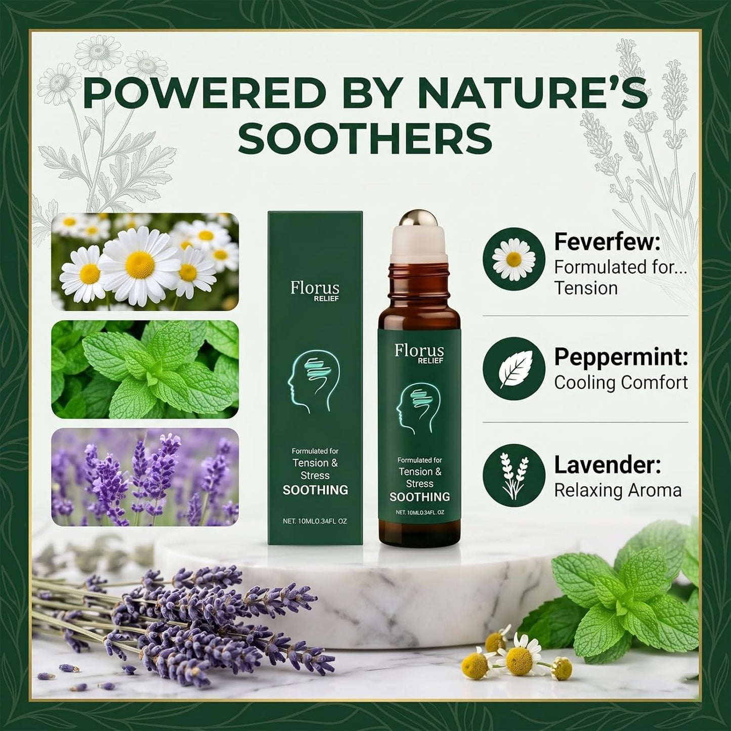 Florus Relief Roll On, Soothing Essential Oil with Peppermint, Soothes Head, Neck and Shoulders