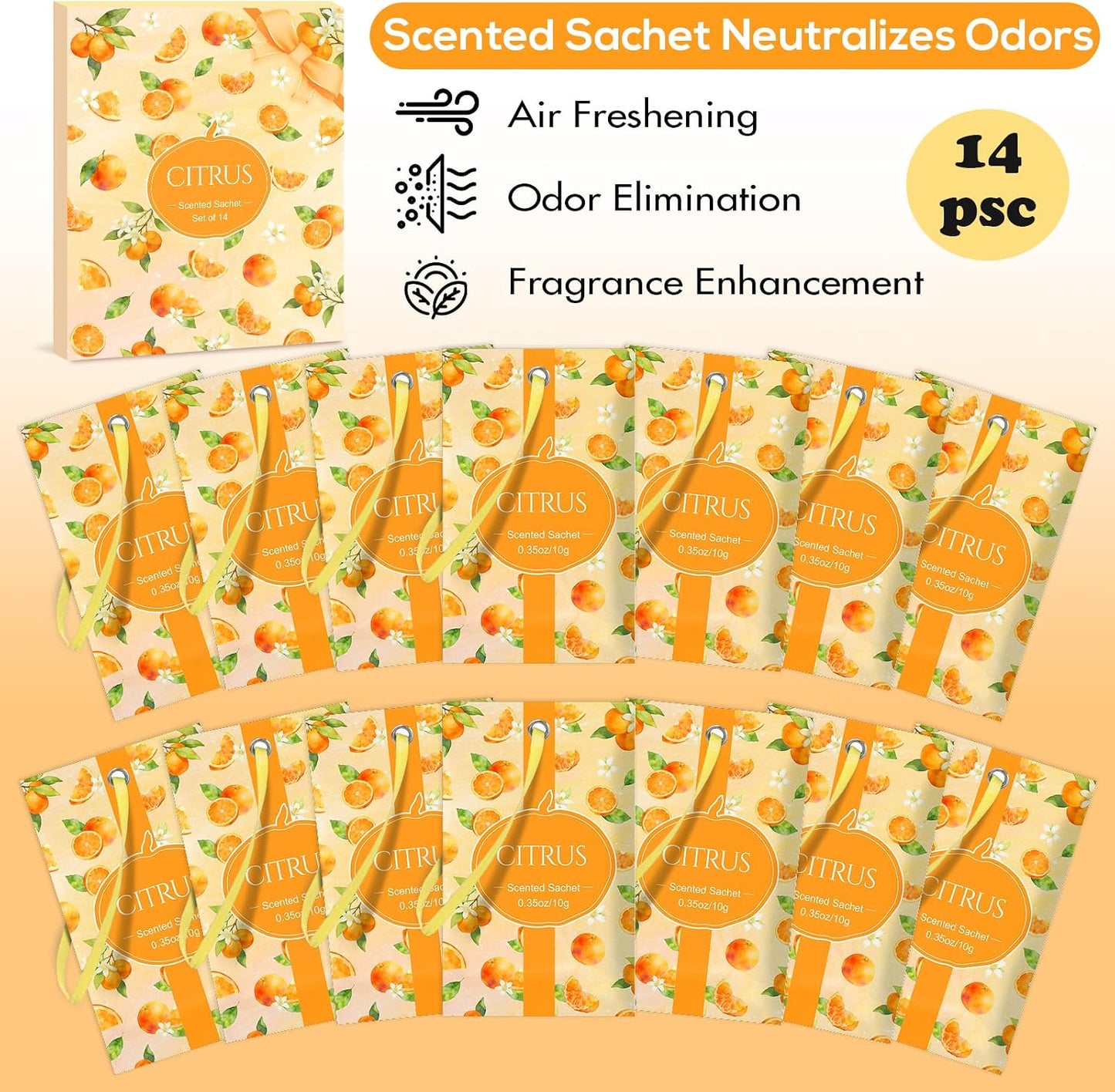 SCENTORINI Scented Sachets for Drawers and Closets, Citrus Scent 14 Pack, Home Fragrance Sachets Bags Wardrobe Freshener for Dresser, Closets, Clothes Storage, Small Space, Suitcases