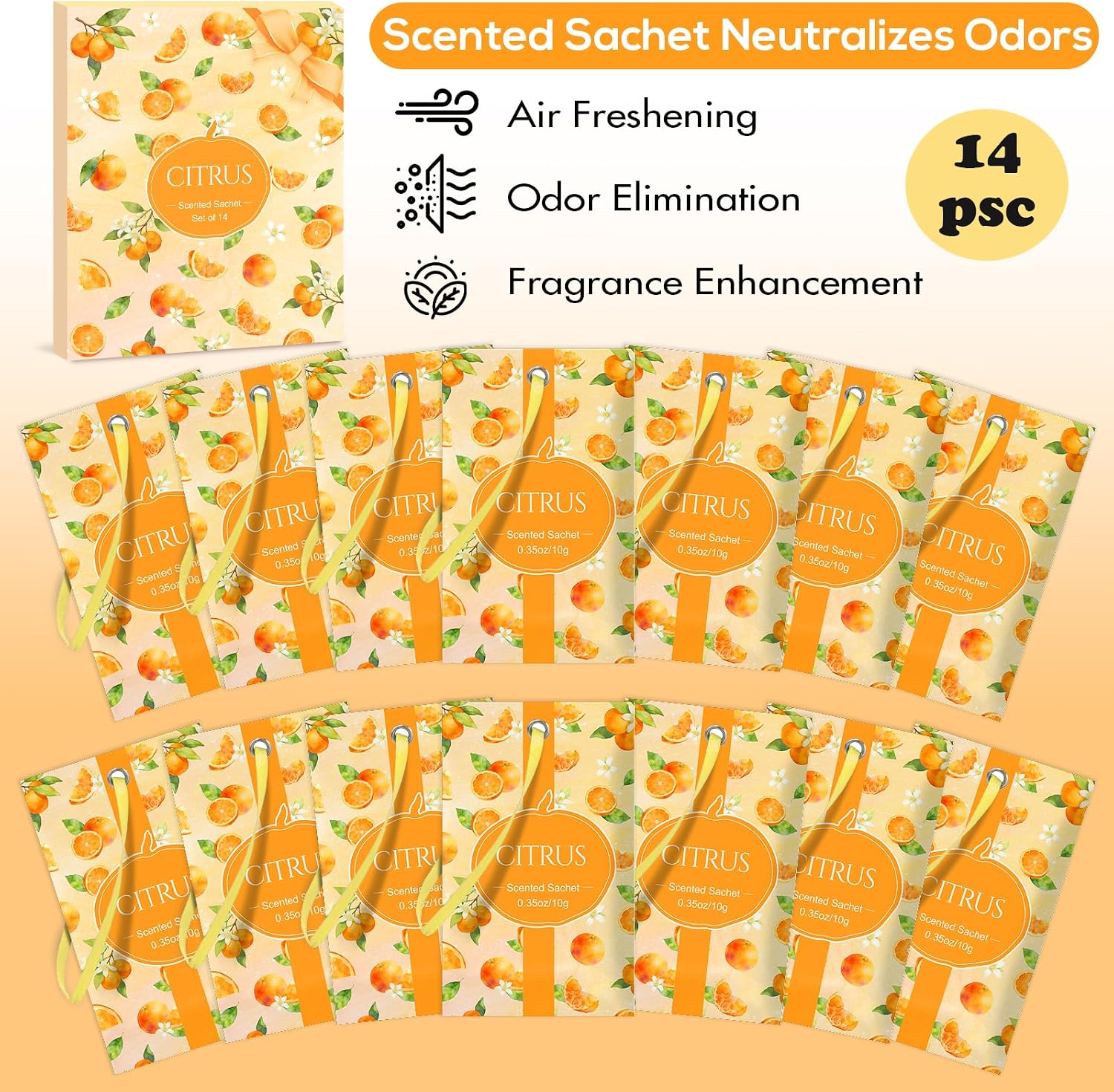 SCENTORINI Scented Sachets for Drawers and Closets, Citrus Scent 14 Pack, Home Fragrance Sachets Bags Wardrobe Freshener for Dresser, Closets, Clothes Storage, Small Space, Suitcases