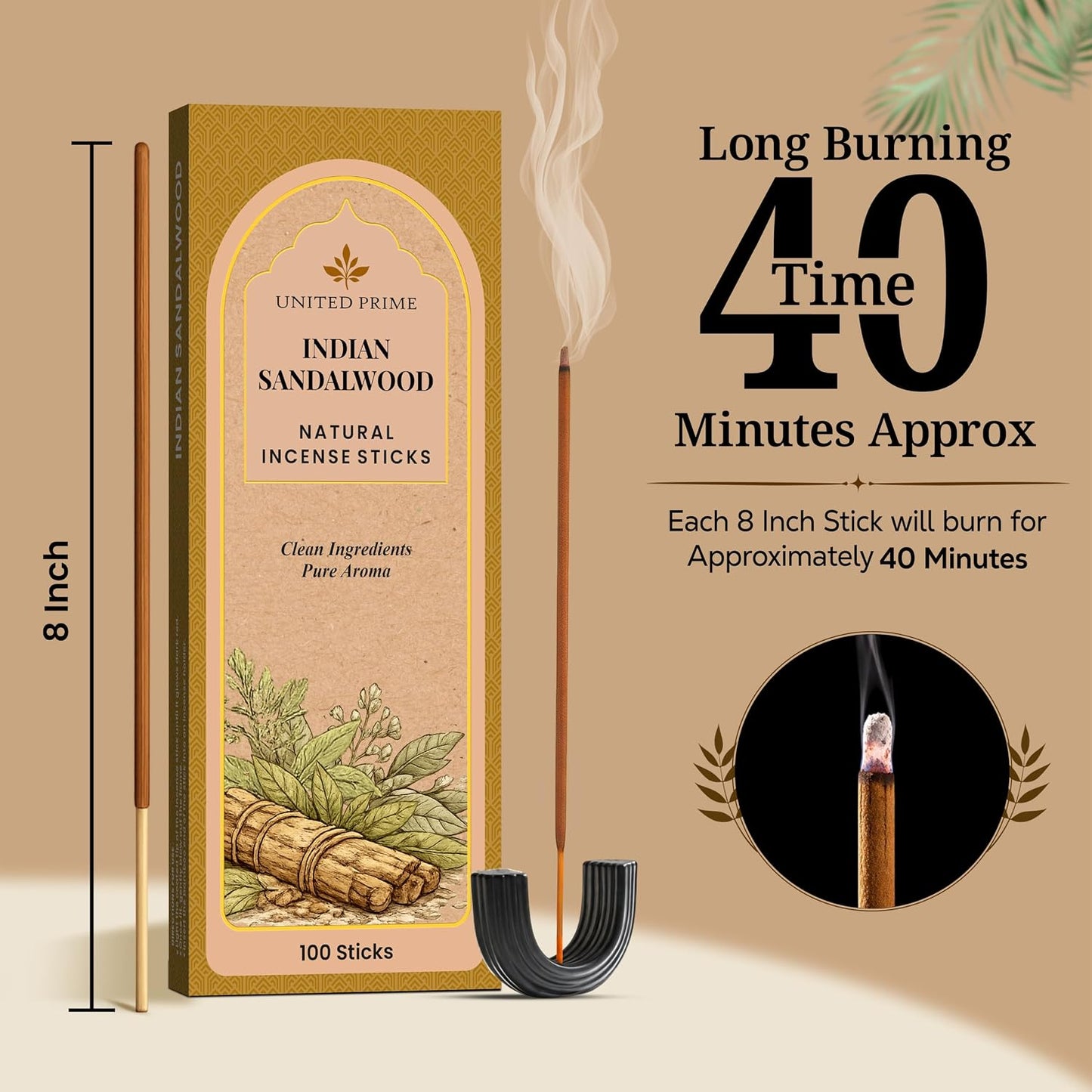 Natural Sandalwood Incense Sticks, 100 Sticks, Organic Insence Non Toxic, No Charcoal Clean Burning, Handmade from Upcycled Flowers, Positive Vibes Inscent Calming Aroma