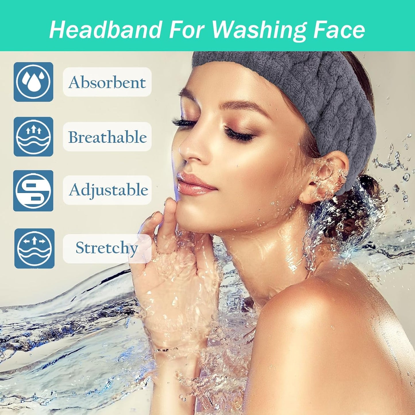 Microfiber Spa Headband 3-Pack, Soft Terry Cloth Headband for Washing Face, Facial Mask, Makeup, Shower, Yoga, Gift for Women and Teens (Gray+Milk White+Pink)