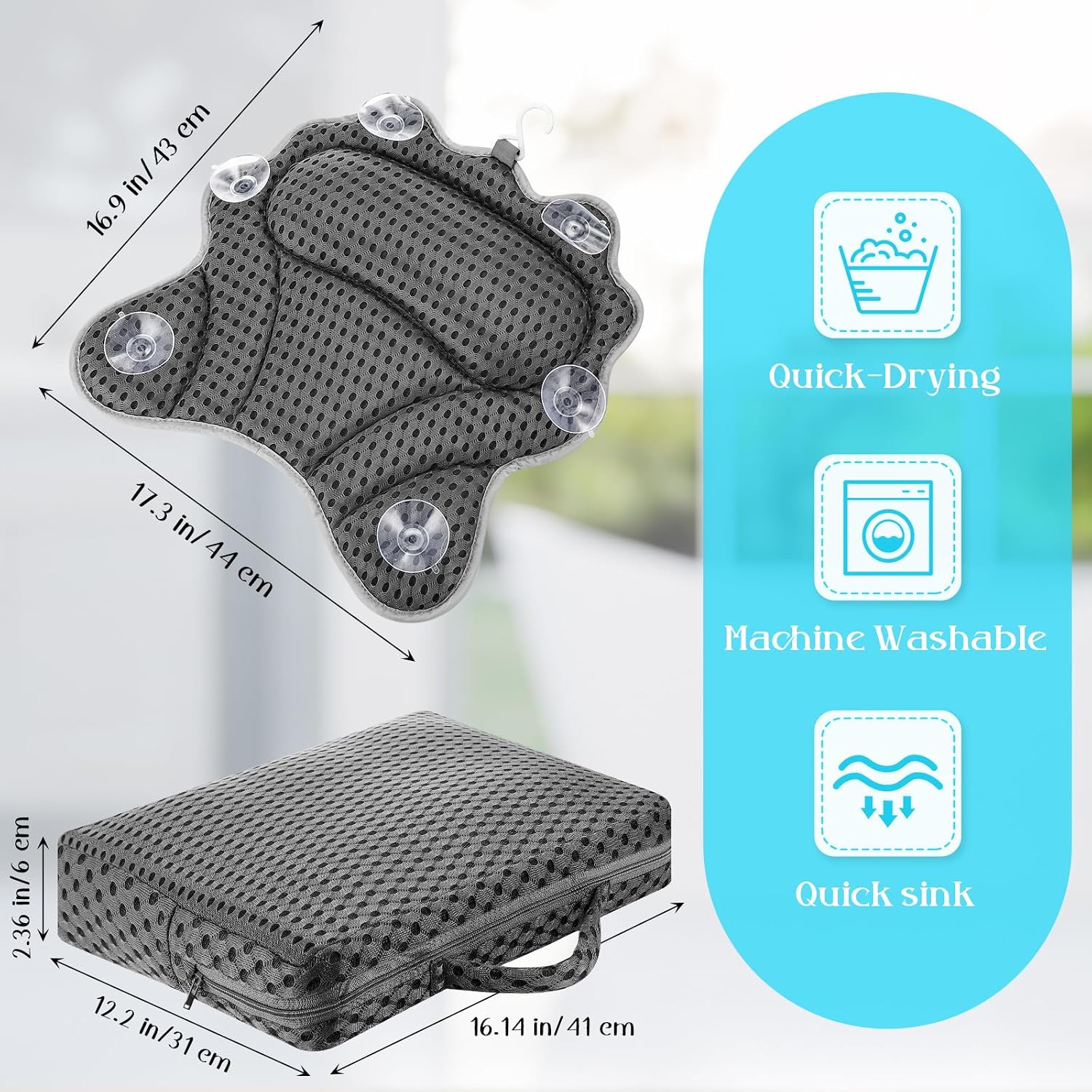 Novabright Bath Pillow and Mat Set for Head and Neck Nonslip Bathtub Pillow 4d Thick Tub Seat Mat with 6 Suction Cups Portable Seat Cushion Tub Accessories for Indoor Outdoor