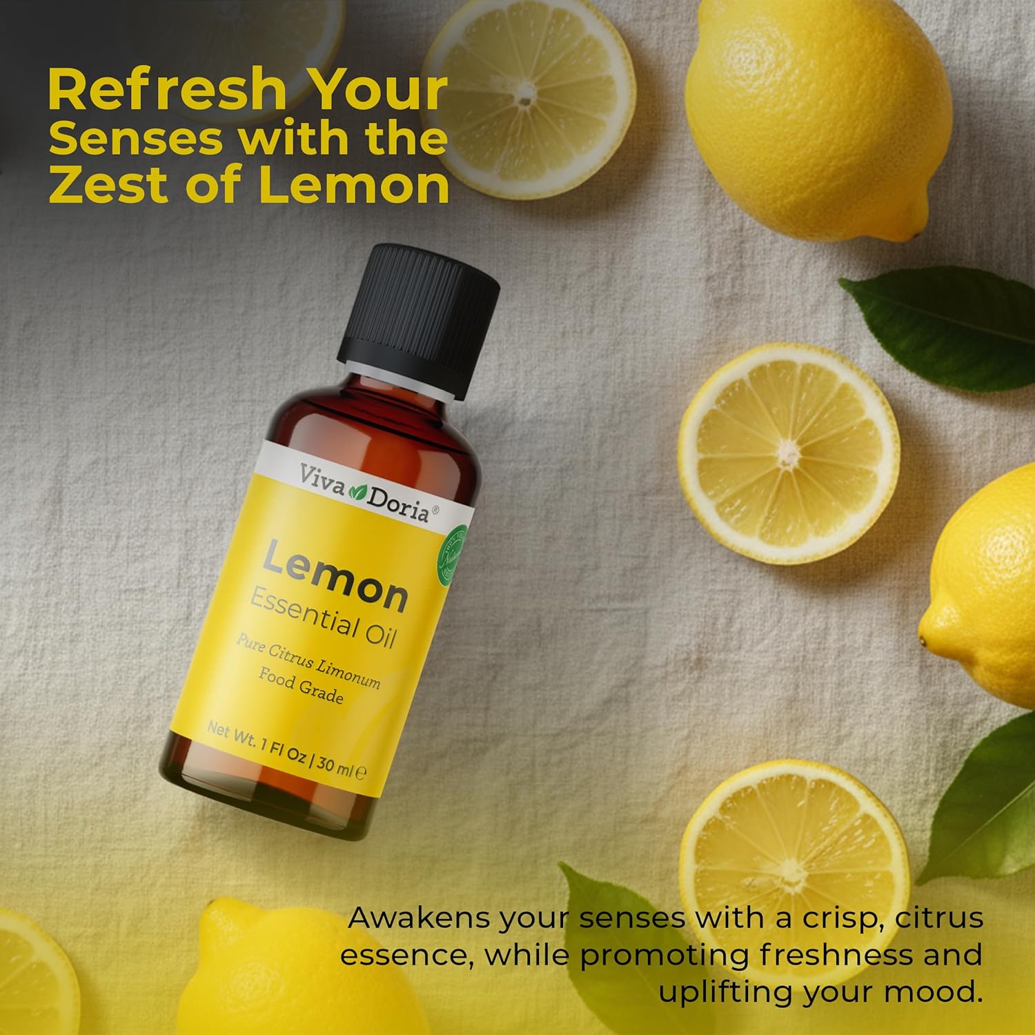 Viva Doria 100% Pure Lemon Essential Oil, Undiluted, Food Grade, USA Lemon Oil, 30 mL (1 Fl Oz)