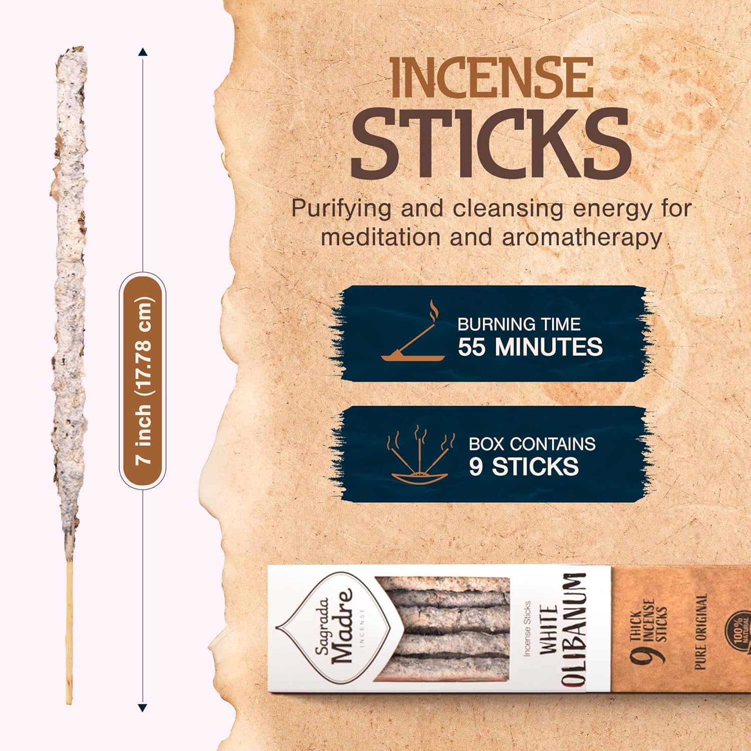 Sagrada Madre 9 pcs Wildly Harvested - White Olibanum/Frankincense Incense Sticks, 7" Long - Thick Aromatic Incense Sticks (45-55 min Burning Time) to Neutralize Negative Energies & Harmonizing Space