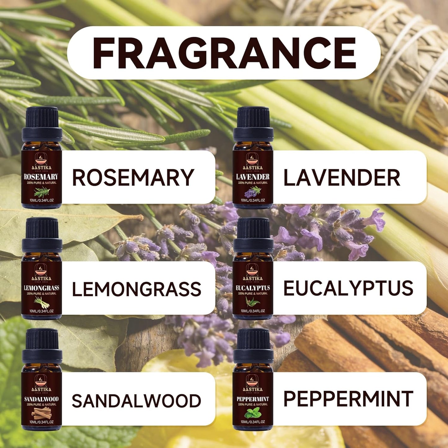 Aastika Aromatherapy Essential Oil Set – 100% Pure & Natural, 6X10ml(Lavender, Lemongrass, Eucalyptus, Rosemary, Sandalwood, Peppermint) Bottle