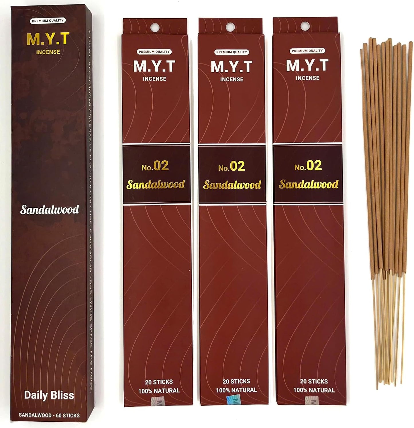 M.Y.T Sandalwood Natural Incense Gift Set – Long-Lasting Woody Aroma – Low Smoke, Clean Burn – Perfect for Meditation, Yoga & Stress Relief – 20 Sticks x 3 Packs