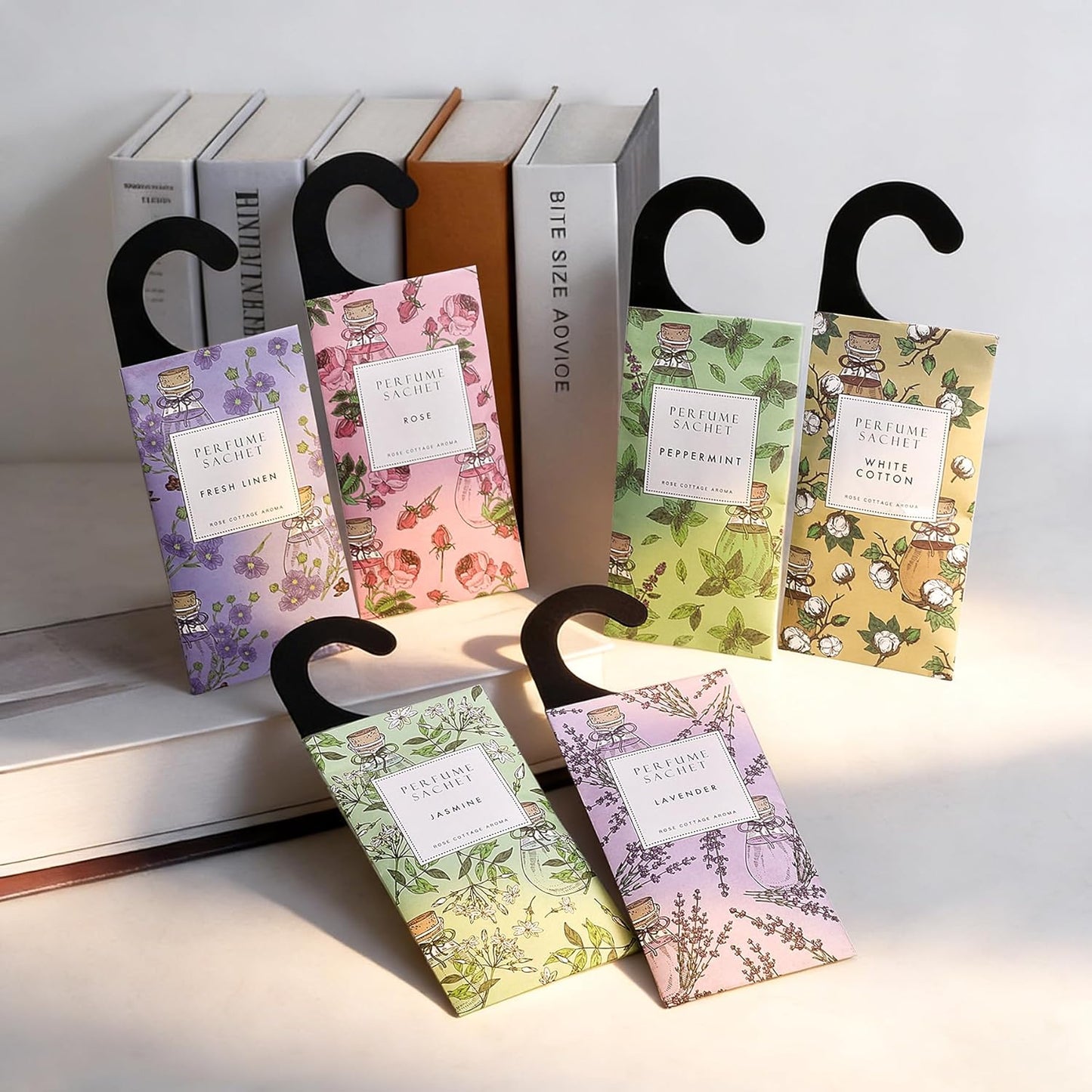 ROSE COTTAGE Large 12 Packs Hanging Closet Deodorizer Air Freshener Scented Sachets Long Lasting Smell Goods 6 Scents Option - Lavender, Linen, Cotton, Mint, Jasmine, Rose