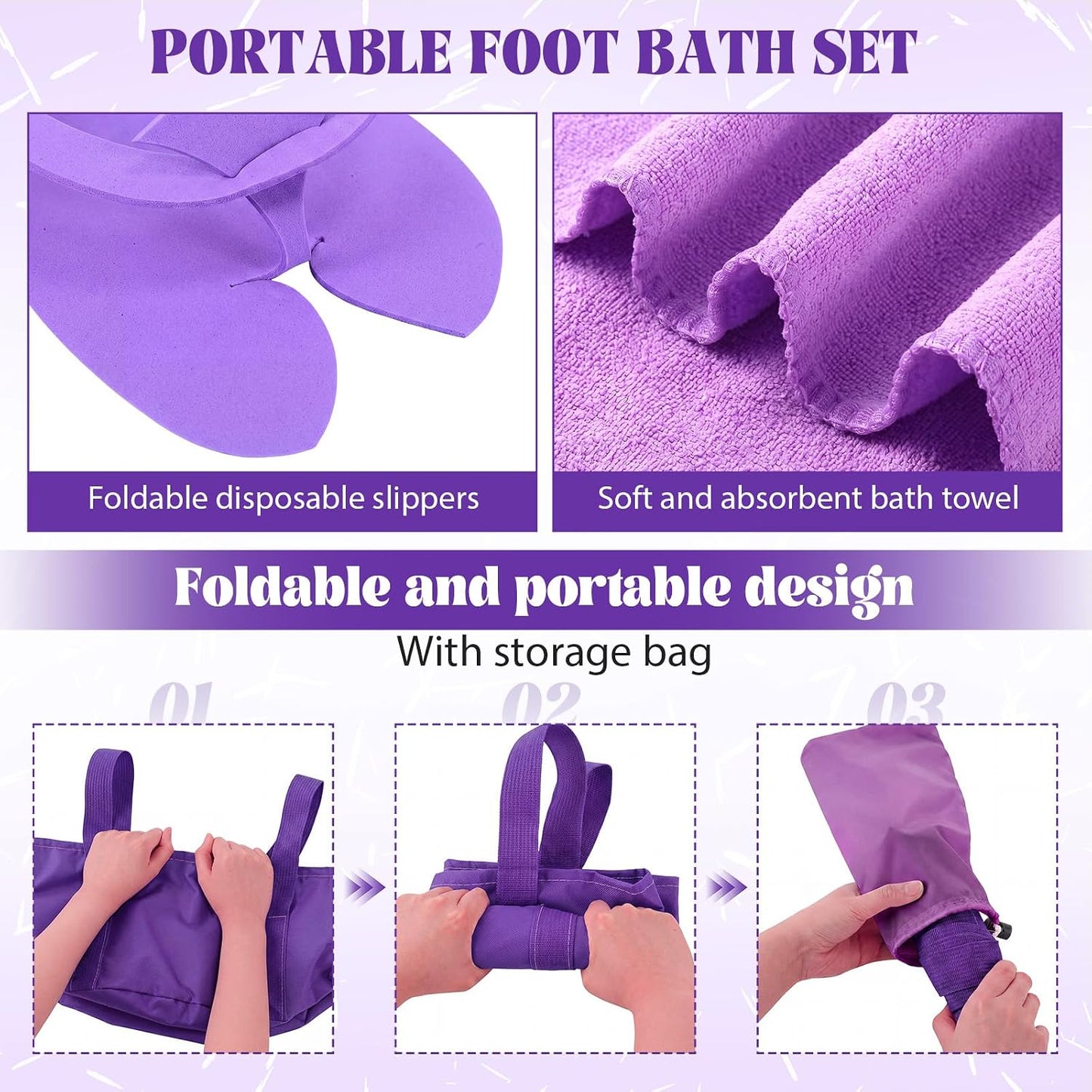 FillTouch 6 Sets Foldable Foot Bath Kit 15L Collapsible Foot Soaking Tub Bathroom Towels Women Adult Foldable Slippers with Storage Bag Spa Soak Pedicure Bath for Travel Camping (Purple)