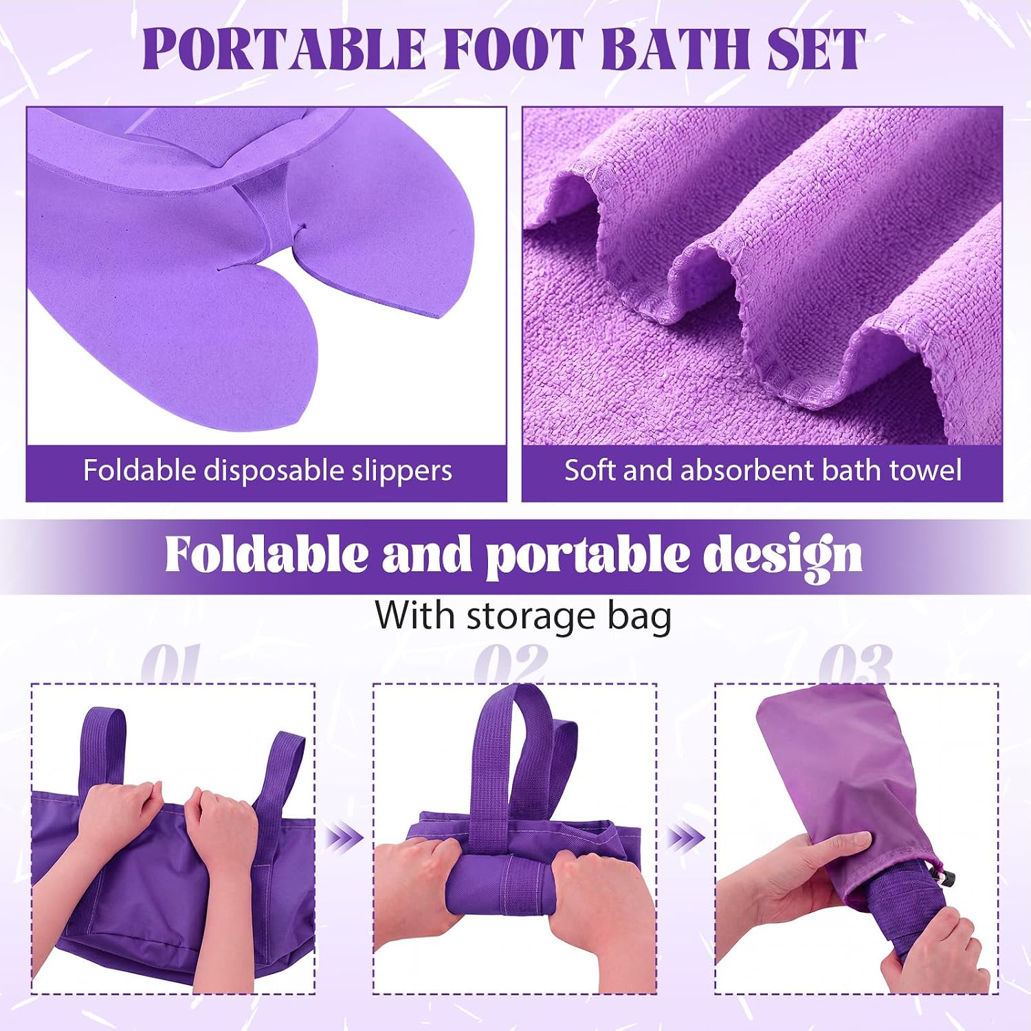 FillTouch 6 Sets Foldable Foot Bath Kit 15L Collapsible Foot Soaking Tub Bathroom Towels Women Adult Foldable Slippers with Storage Bag Spa Soak Pedicure Bath for Travel Camping (Purple)