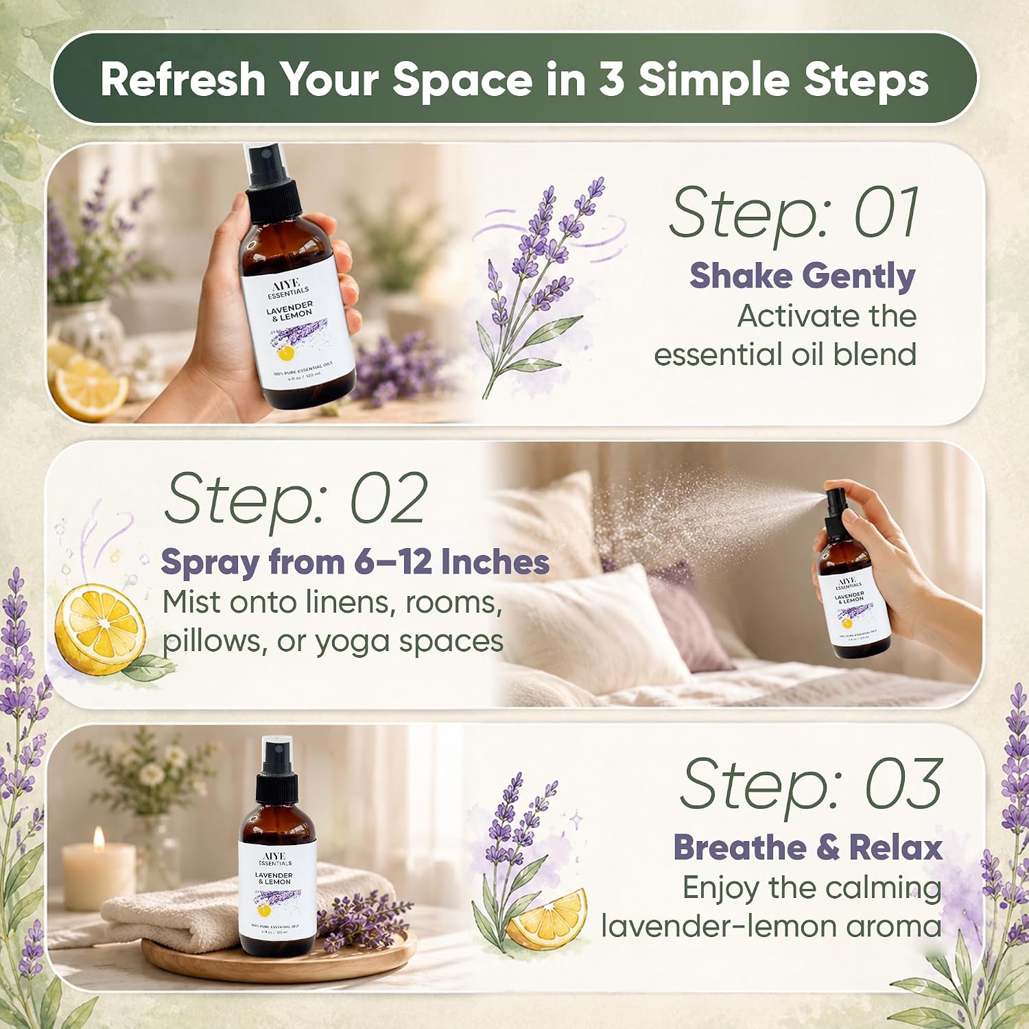 Aiye Essentials Lavender Lemon Room & Linen Spray, Non‑Toxic Essential Oil Aromatherapy Mist for Home & Bedding, 4 fl oz