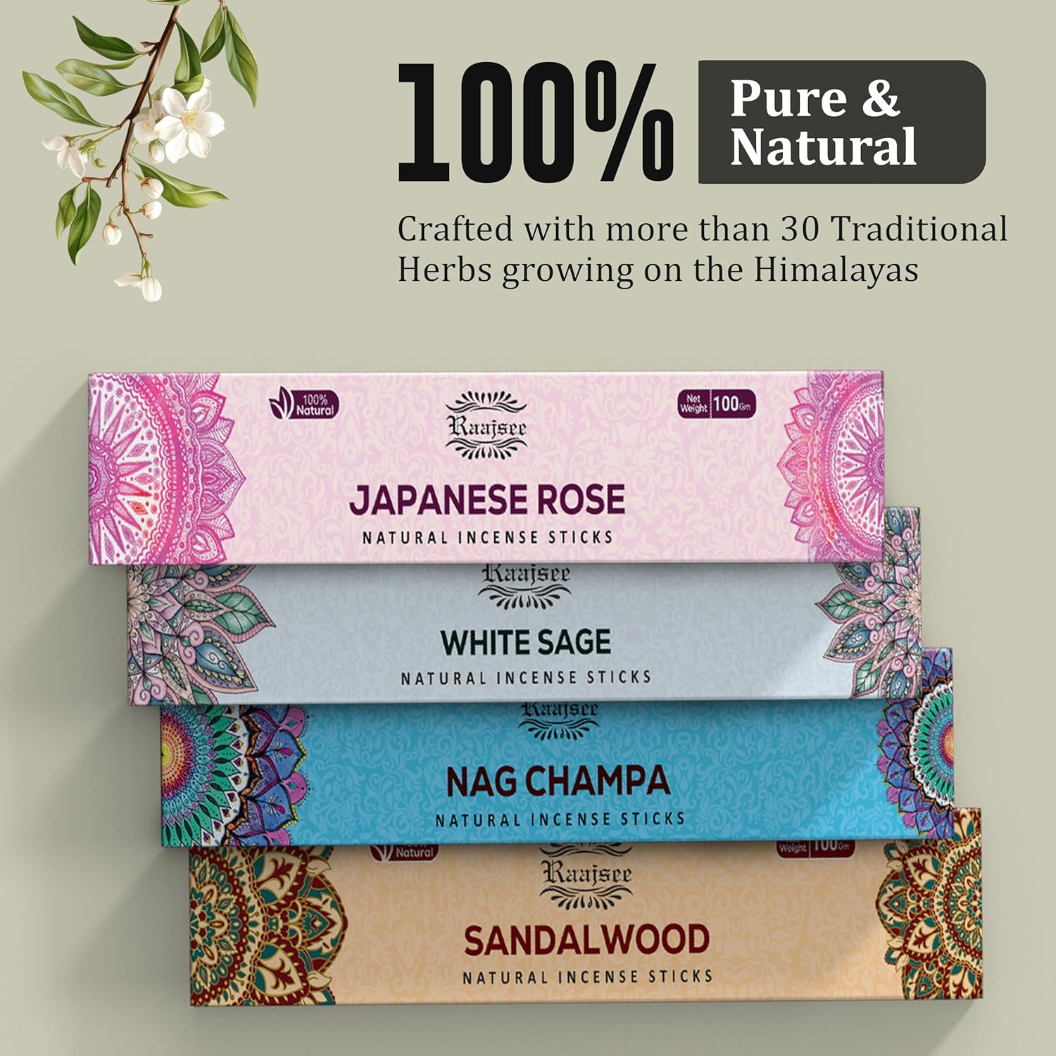 Raajsee Incense Sticks Assorted Pack (180 gm), 100% Pure Organic Natural Hand Rolled Free from Chemicals - Perfect for Aromatherapy, Cleansing, Meditation, and Church (12 Pack)