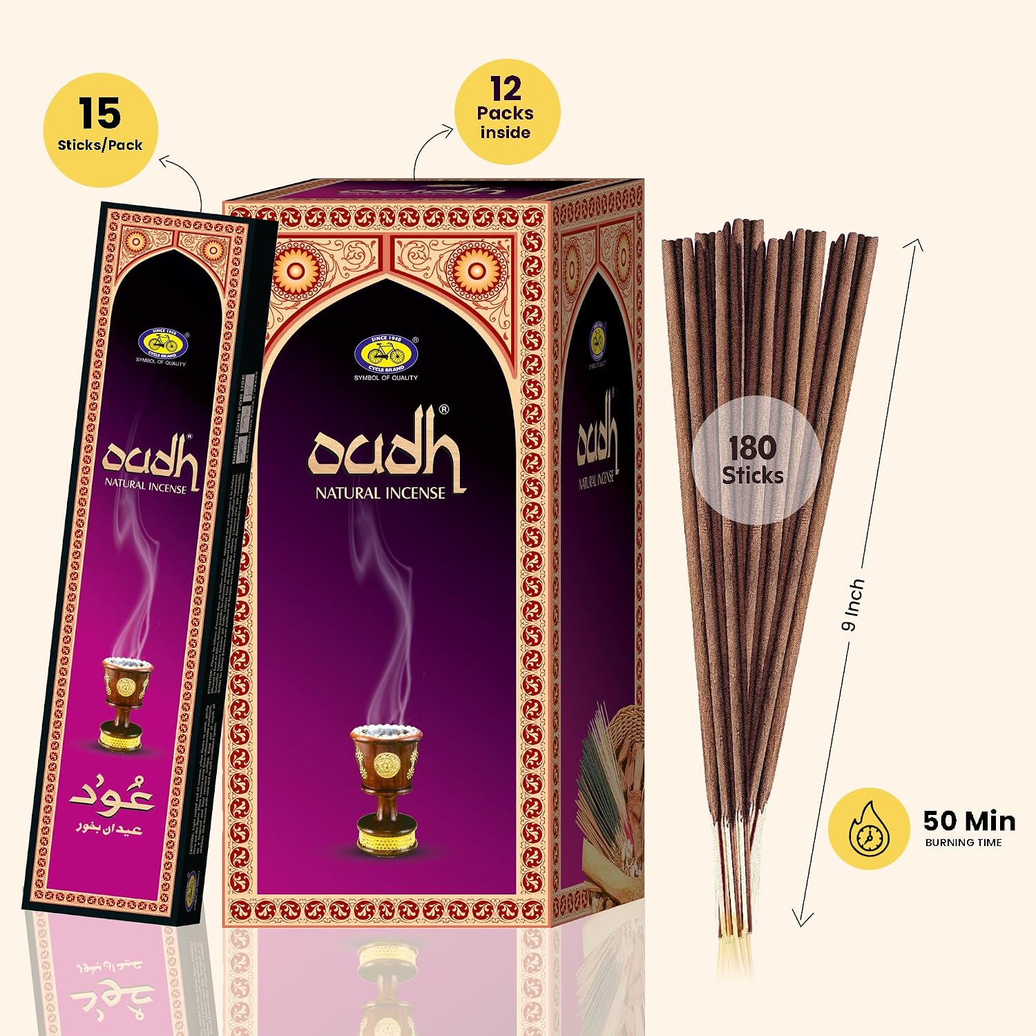 Cycle Oudh Incense Sticks – Premium Agarwood Incense for Daily Prayer & Deep Relaxation - 15 Agarbathi/Pack, 12 Packs/Box (9 Inch - 180 Oud Masala Incense Sticks) | 50 Minutes Burning Time