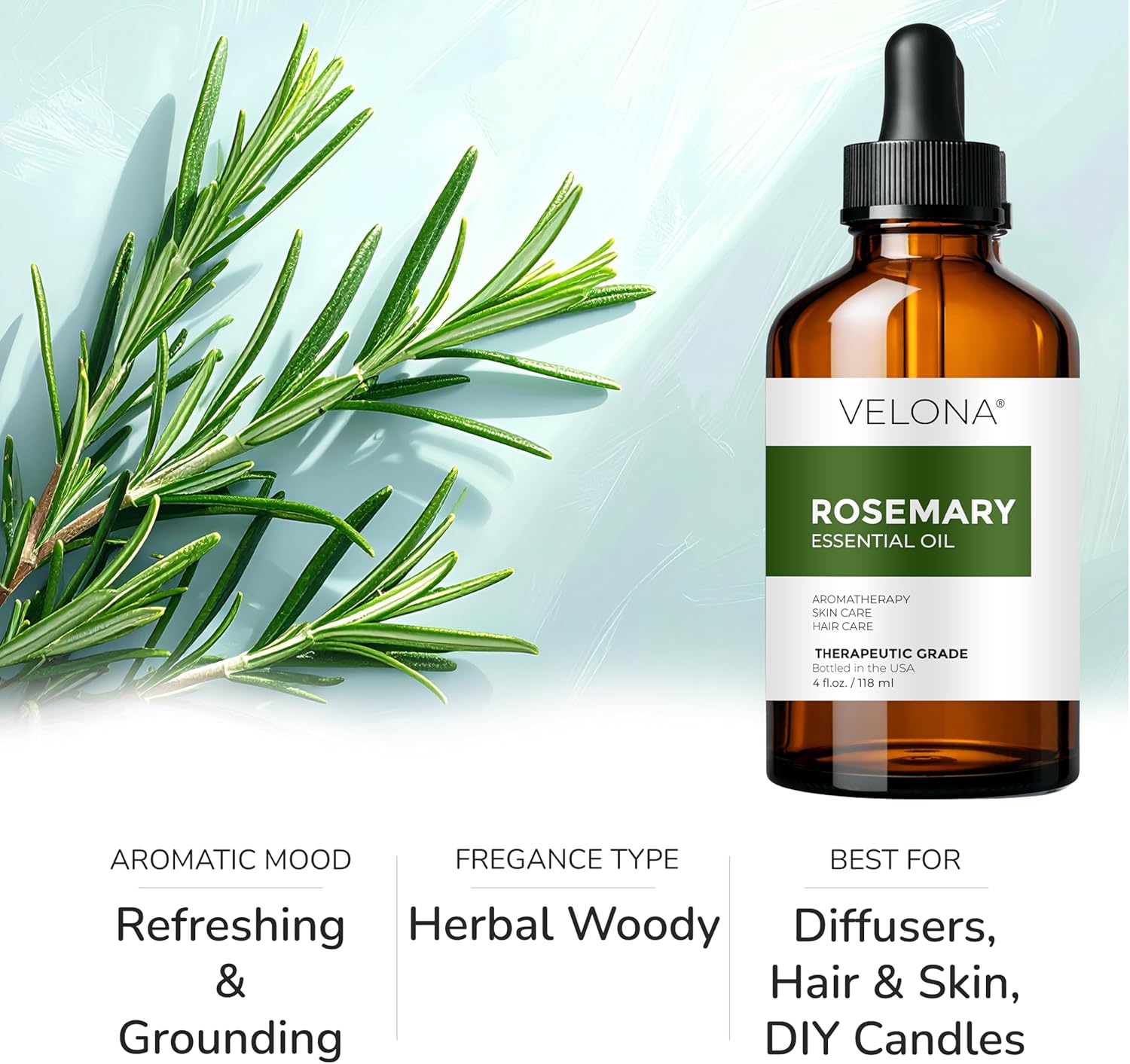 velona Rosemary Essential Oil - 4 Fl Oz | Therapeutic Grade | for Aromatherapy Diffuser, Massage, Skincare, Haircare, Soapmaking