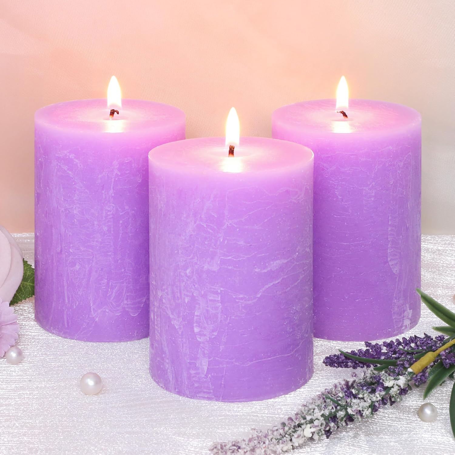 Purple Pillar Candles 3x4 Inch 100% Cotton Core Smokeless Dripless Handmade Lavender Scented 50H+ Long Burning1PC Aromatherapy Candle, Spring Home Decor, Dinner Table, Bathroom, Rustic Decor, Set of 3