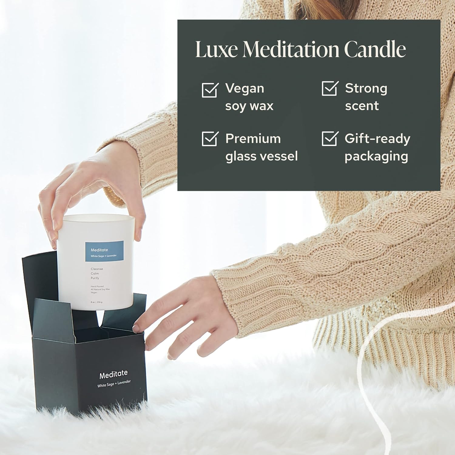 Mindful Modern Natural Meditate Candle | White Sage and Lavender Hand-Poured Soy Wax Stress Relief | Aromatherapy Candle | Elegant Scented Home Fragrance | Clean, Even, Longer Burn | 8 oz Glass Jar