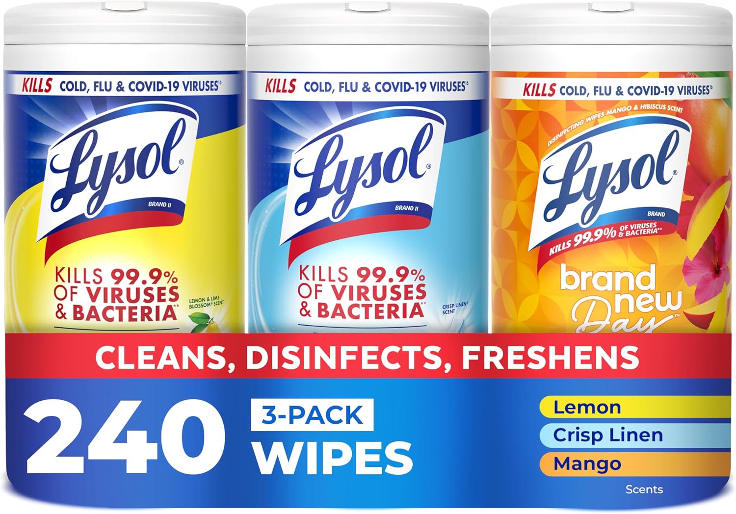 LYSOL Disinfecting Wipes, All Purpose Cleaner, Multi-Surface Antibacterial Cleaning Wipes, Household Cleaning Supplies, Dorm Essentials, Lemon + Crisp Linen + Mango & Hibiscus Scent, 80 ct. (3 Pack)