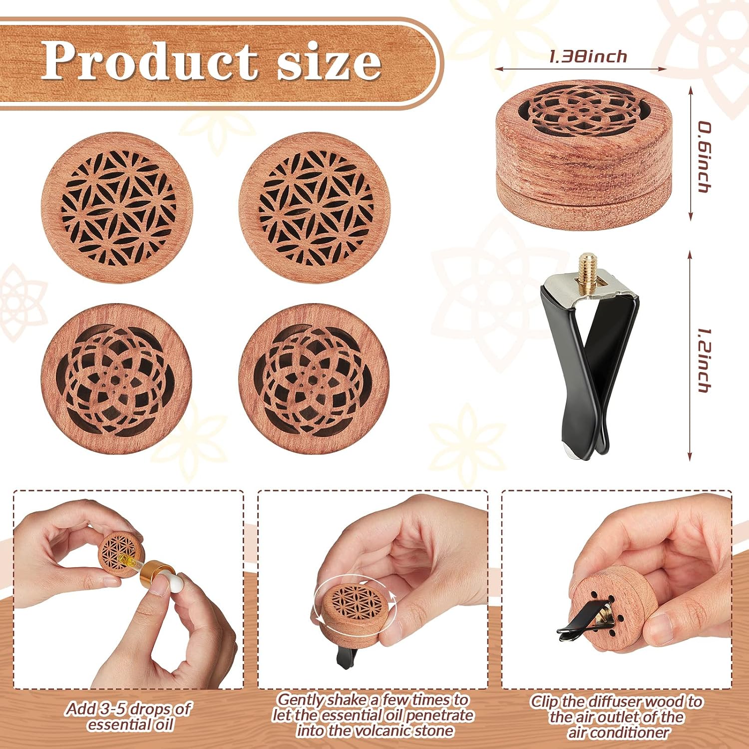 Patelai 4 Pcs Essential Oil Aromatherapy Wood Diffuser - Car Freshener Vent Clip Lava Stone Aroma Automobile Diffuser, 2 Styles(Elegant)