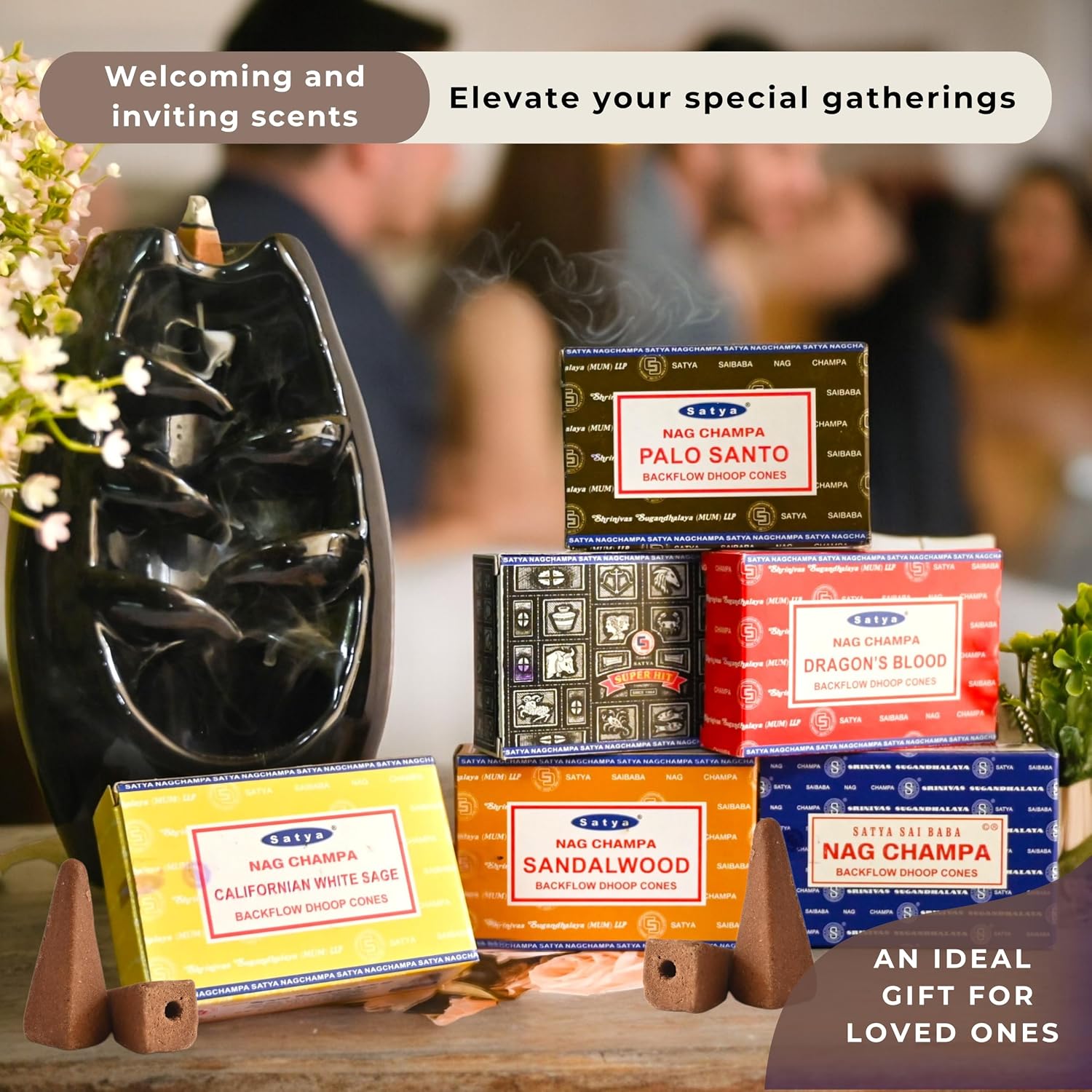 Nag Champa|Super Hit|Dragons Blood|Palo Santo|Sandalwood|Californian White Sage Variety Pack Backflow Incense Cones for Waterfall Aromatic Smoke Fountain Haze Falls and Mat Bundle - Pack of 6