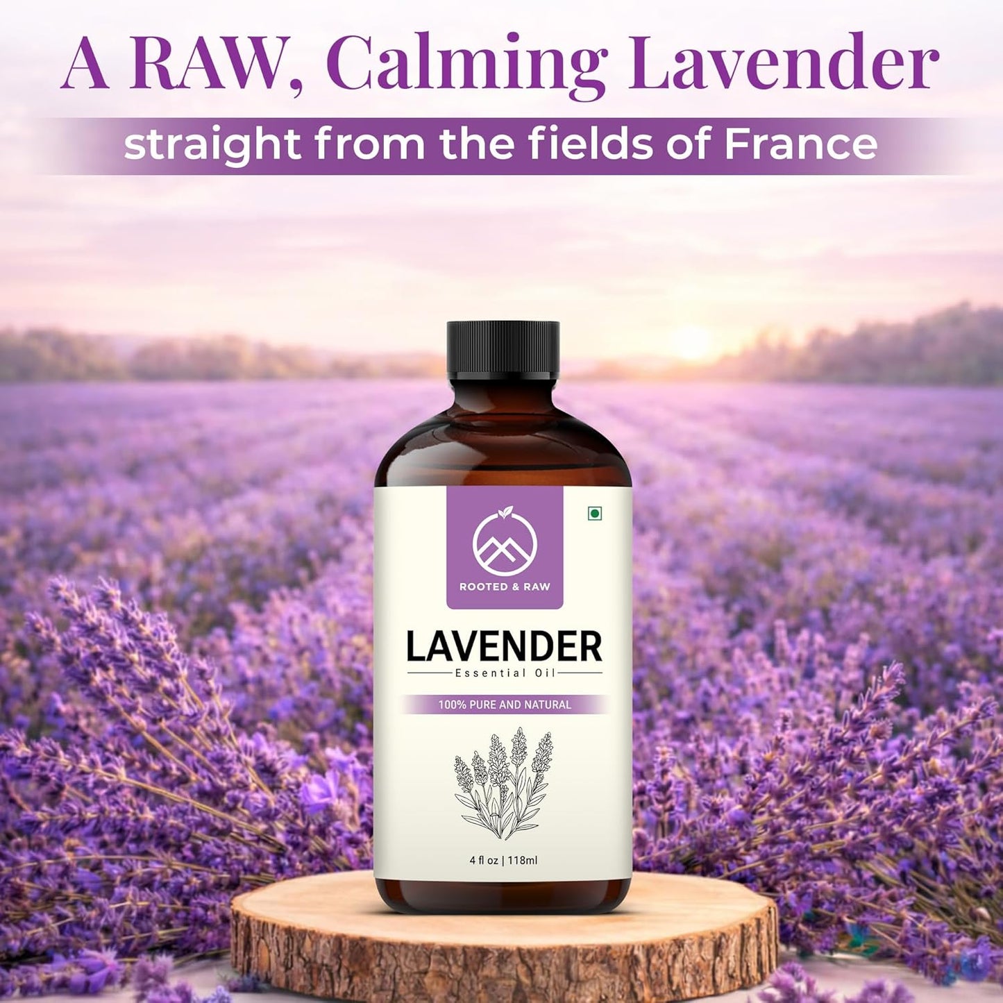 Lavender Essential Oil – Lavender Oil for Diffuser, Aromatherapy, Sleep, Skin & Hair – Large 4 fl oz with Glass Dropper – ROOTED & RAW