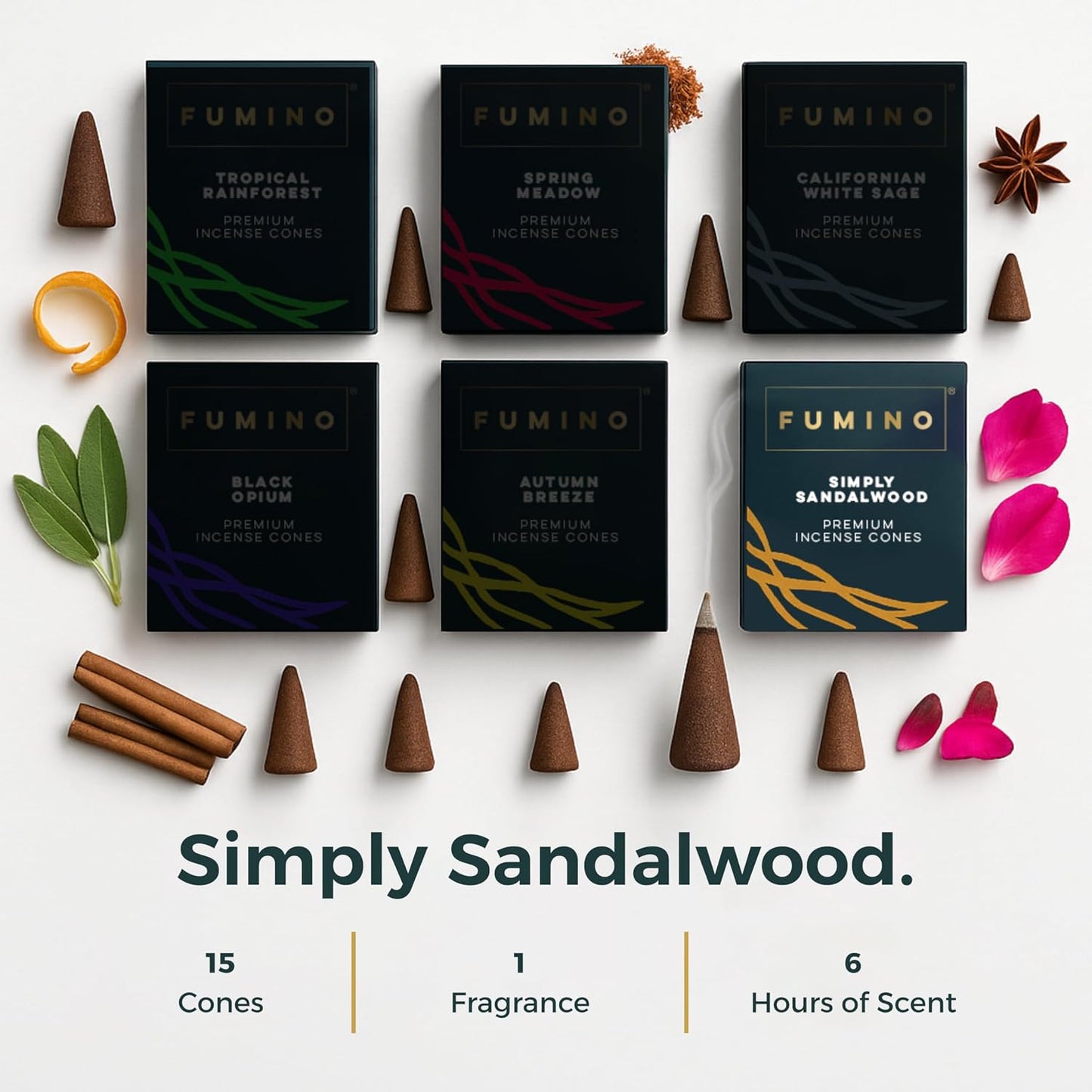 Fumino Simply Sandalwood Incense Cones 15 Pack - Handmade Natural Masala Incense Cones for Meditation & Home Fragrance, Low-Smoke Warm Woody Scent, Bureau Veritas Certified