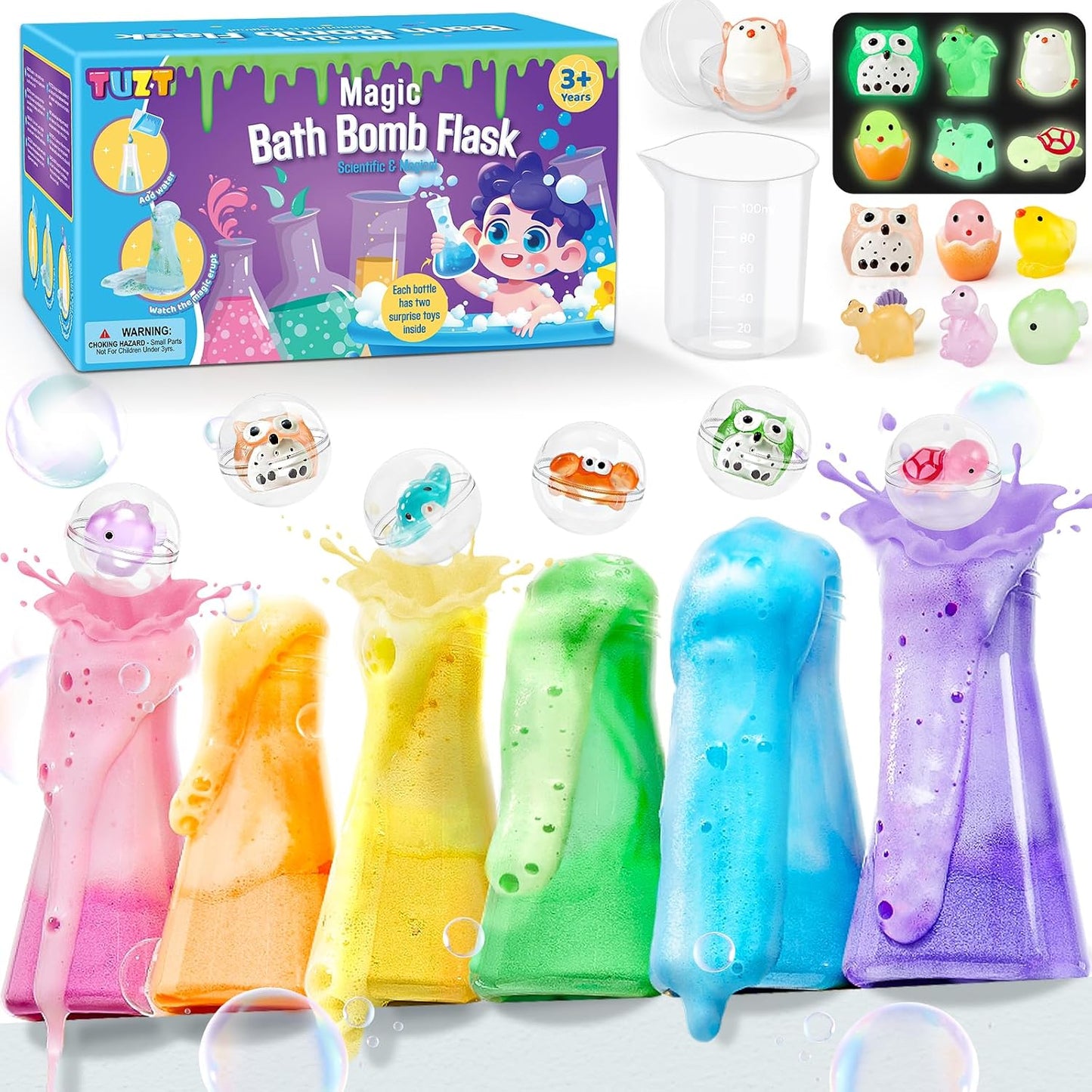 TUZT Kids Bath Bombs Science Kit - 12 Glow-in-the-Dark Surprise Toys & 6 Fizz Potion Bottles for Ages 3-8, STEM Bath Time Fun, Non-Toxic Easy Clean, Perfect Christmas Birthday Gift