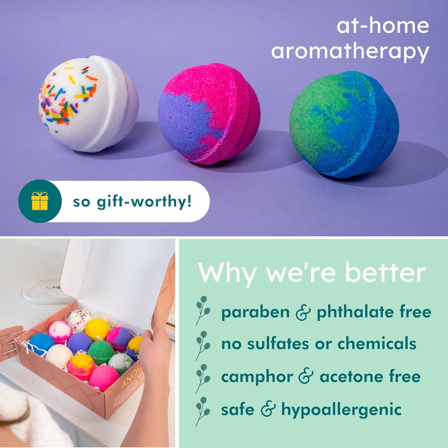Anovina Bath Bombs for Women & Men – Natural, Non-Toxic & Organic Bath Bomb Gift Set – Relaxing Spa Fizzies for Sensitive Skin – Handmade Bath Bombs Set for Adults, Kids & Holiday Gifts