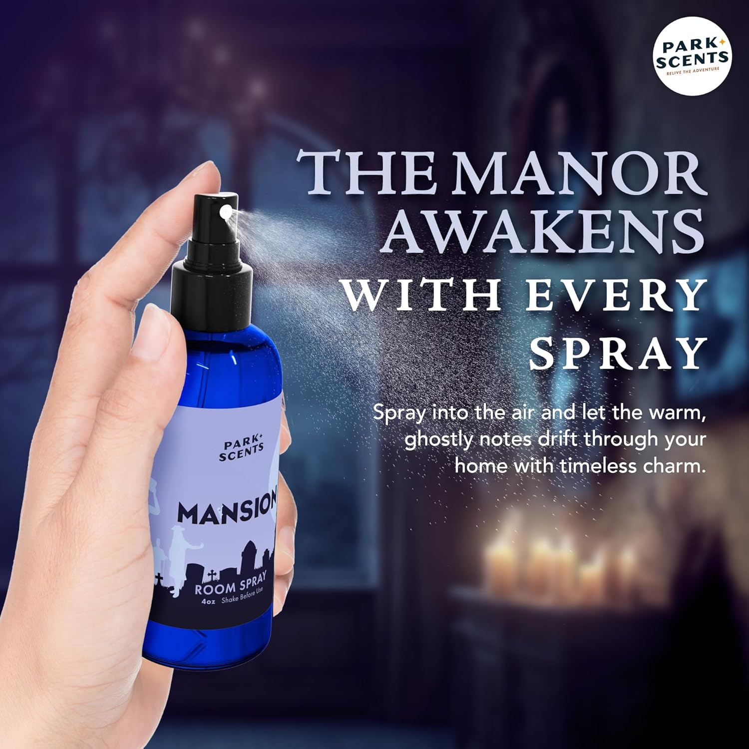 Park Scents Mansion Fragrance Room Spray – Theme Park Scented Air Freshener Spray with Peony, Violet, Plum, Leather, Patchouli, Aged Wood, Amber, Musk, Vanilla – Friend Birthday Gifts for Women (4oz)