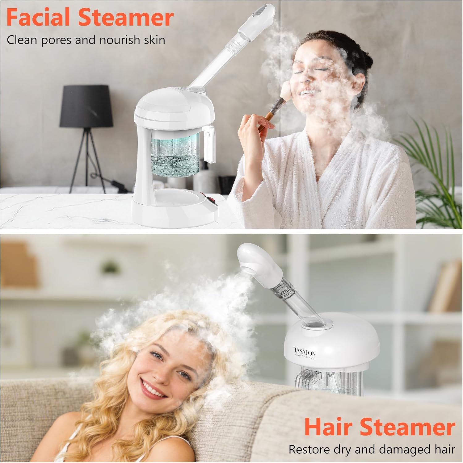 Facial Steamer - TASALON Ozone Face Steamer for Facial, Portable Facial Steamer with Removable Water Tank, Nano Ionic Facial Steamer for Home Salon Spa or Personal Care, White