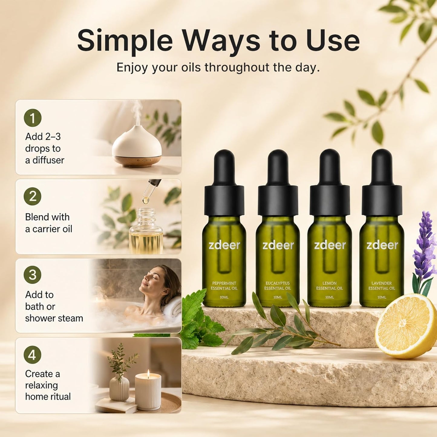 ZDEER 4-Pack Essential Oil Set – Lavender, Grapefruit, Peppermint & Eucalyptus, 4 × 10ml Nourishing Massage Oils for Face & Body, Designed for ZDEER Facial Care Device