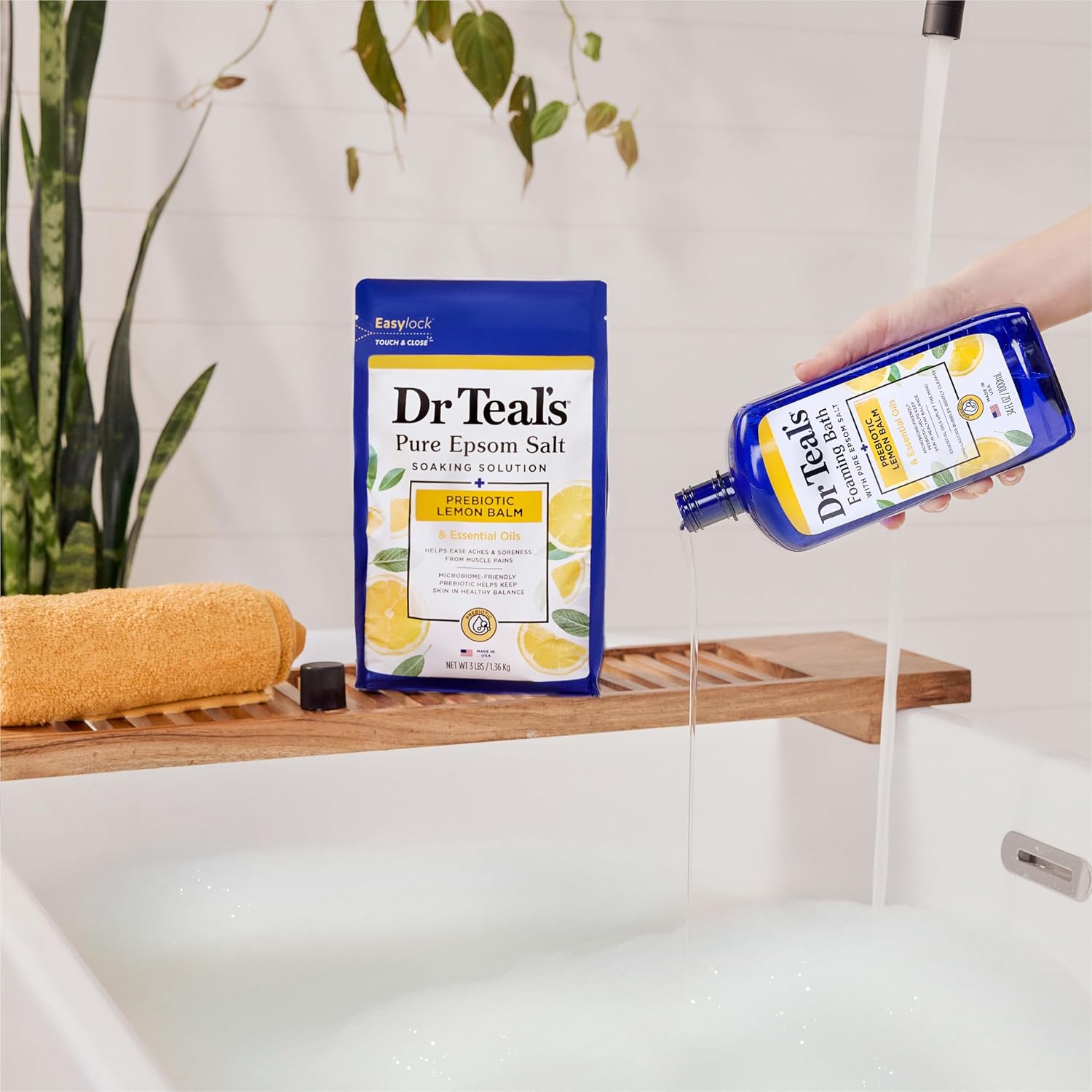 Dr Teal's Foaming Bath with Pure Epsom Salt, Prebiotic Lemon Balm & Essential Oils, 34 fl oz (Pack of 4)