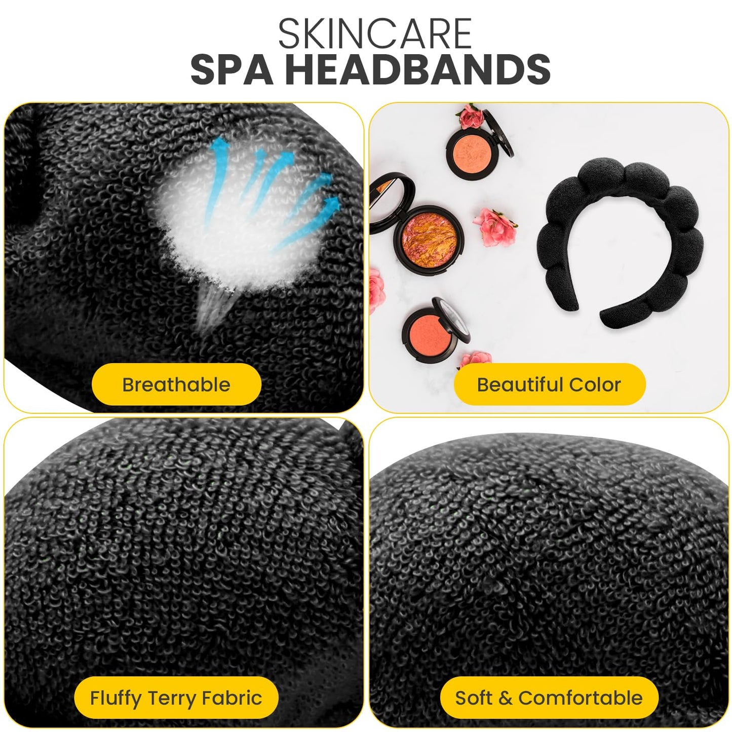 Spa Headbands for Washing Face, Makeup and Skincare. 4 Pc Set of Skin Care Head band with Wristbands. Puffy Terry Cloth, Non Slip Get Ready Hairband for Women, Teens, Girls. Cute Hair Accessories.