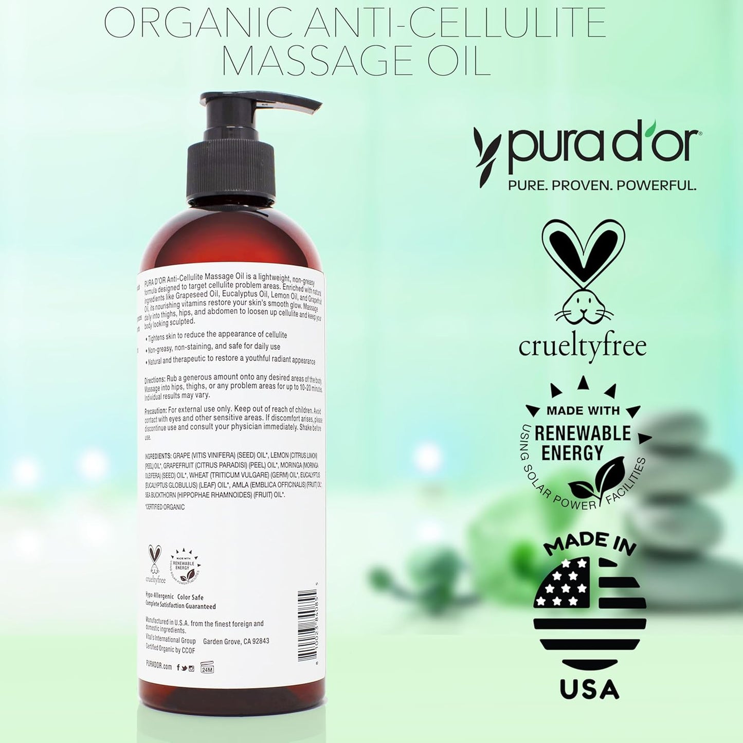 PURA D’OR 16 Oz Organic Anti-Cellulite Massage Oil for Toned Legs and Butt - Lemon Peel, Moringa, Grape Seed, Grapefruit & Eucalyptus Oils - Skin Firming & Tightening
