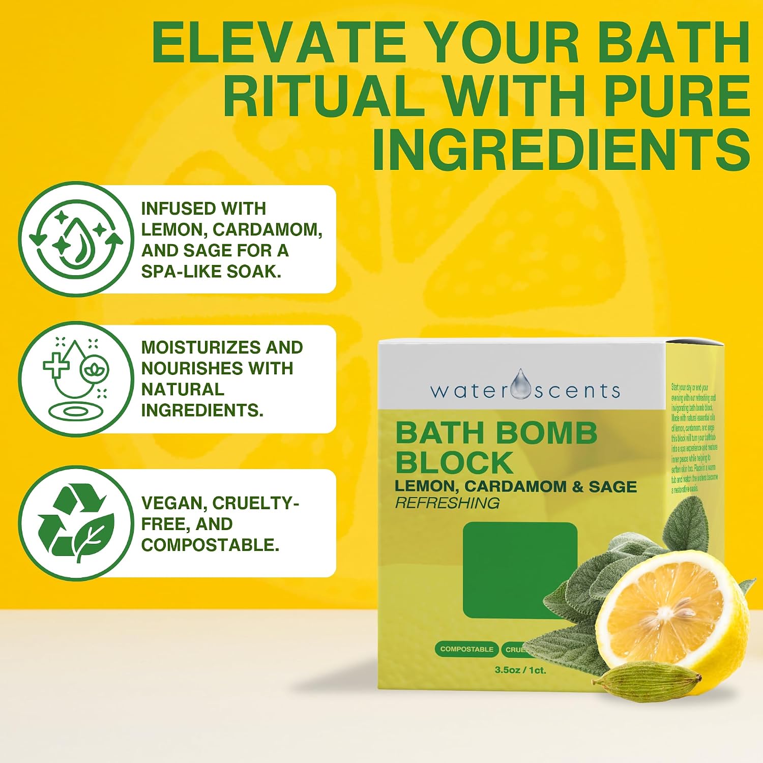 Water Scents Purity Bath Bomb Block | Vegan, Natural & Cruelty-Free | Aromatherapy Bath Soak with Lemon, Cardamom & Clary Sage | Refreshing & Moisturizing, Handmade in USA – 3.5 oz (1-Pack)
