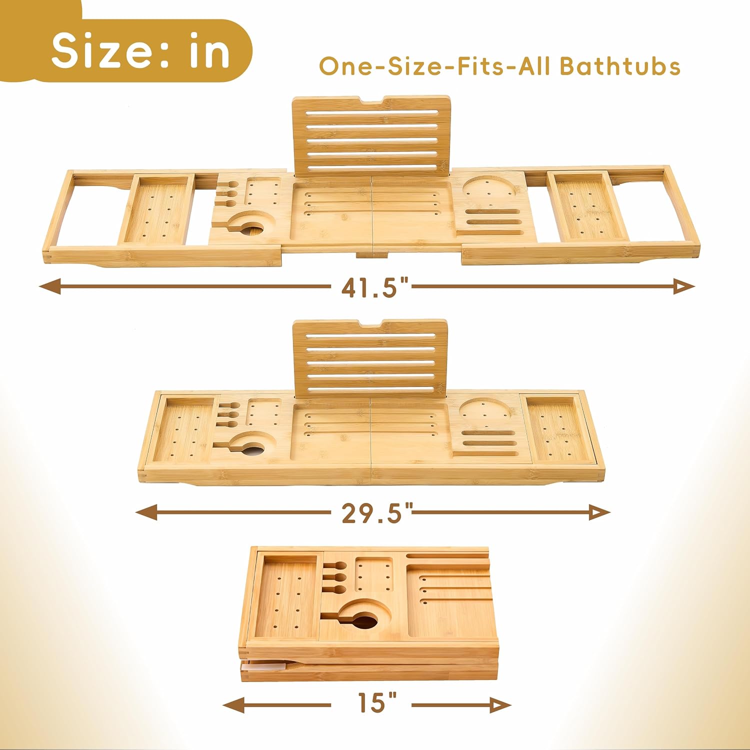 Premium Foldable Bamboo Bathtub Tray Caddy, Expandable Bath Caddy Tray with Holder, Natural Bath Shelf Over Tub, Spa Bathroom Accessories & Gifts for Home