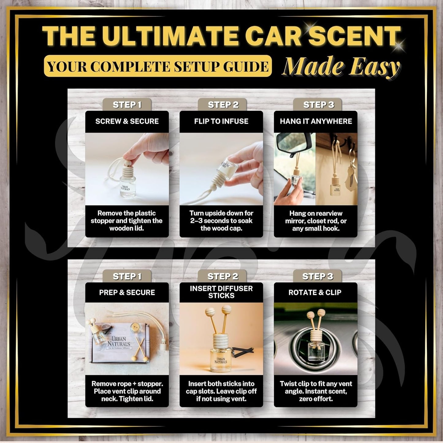 Urban Naturals Car Air Freshener Diffuser 3 Pack - Eucalyptus Spearmint Scent, 45+ Days Long Lasting Fragrance, Made in USA, Glass & Wood, Hanging Design + Vent Cip, Easy to Use