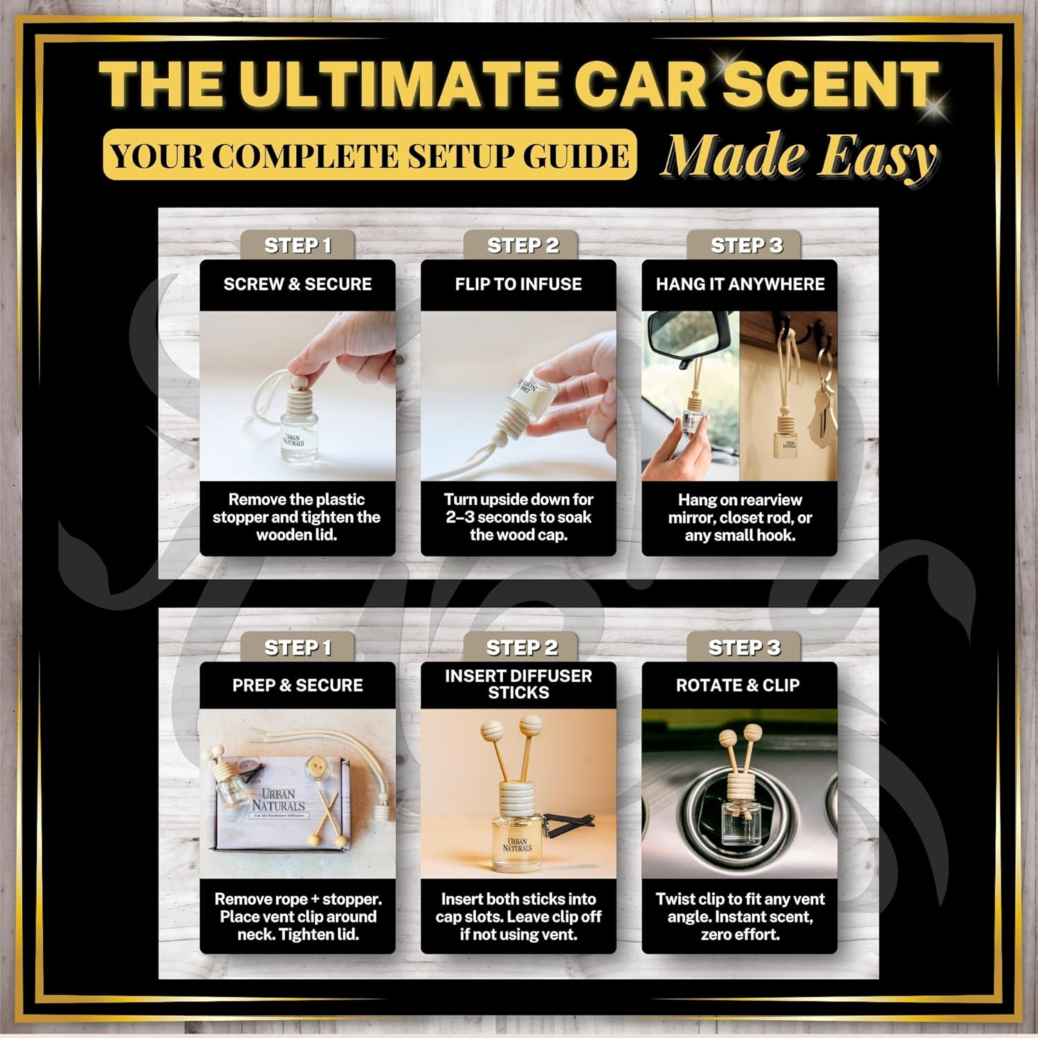 Urban Naturals Car Air Freshener Diffuser 3 Pack - Eucalyptus Spearmint Scent, 45+ Days Long Lasting Fragrance, Made in USA, Glass & Wood, Hanging Design + Vent Cip, Easy to Use