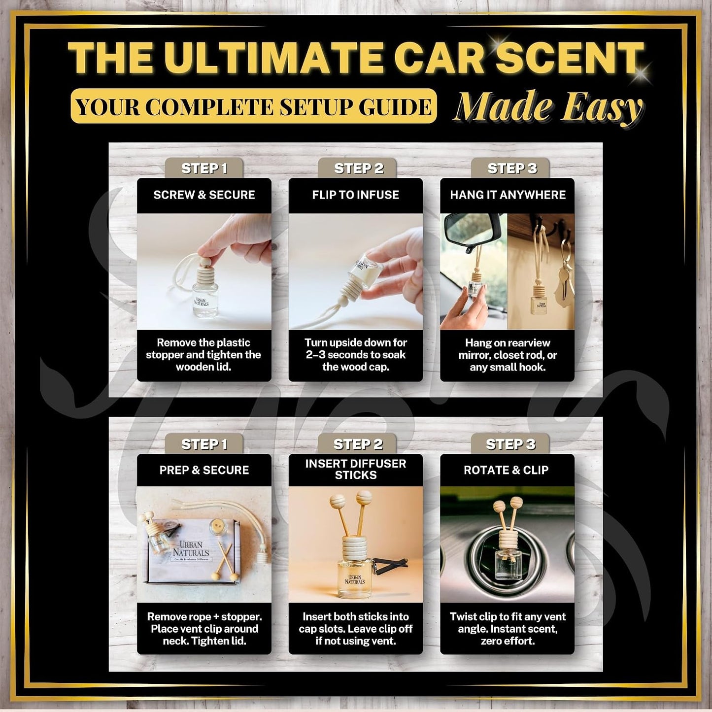 Urban Naturals Car Air Freshener Diffuser 1 Pack - Citrus Bliss Scent, 45+ Days Long Lasting Fragrance, Made in USA, Glass & Wood, Hanging Design + Vent Cip, Easy to Use