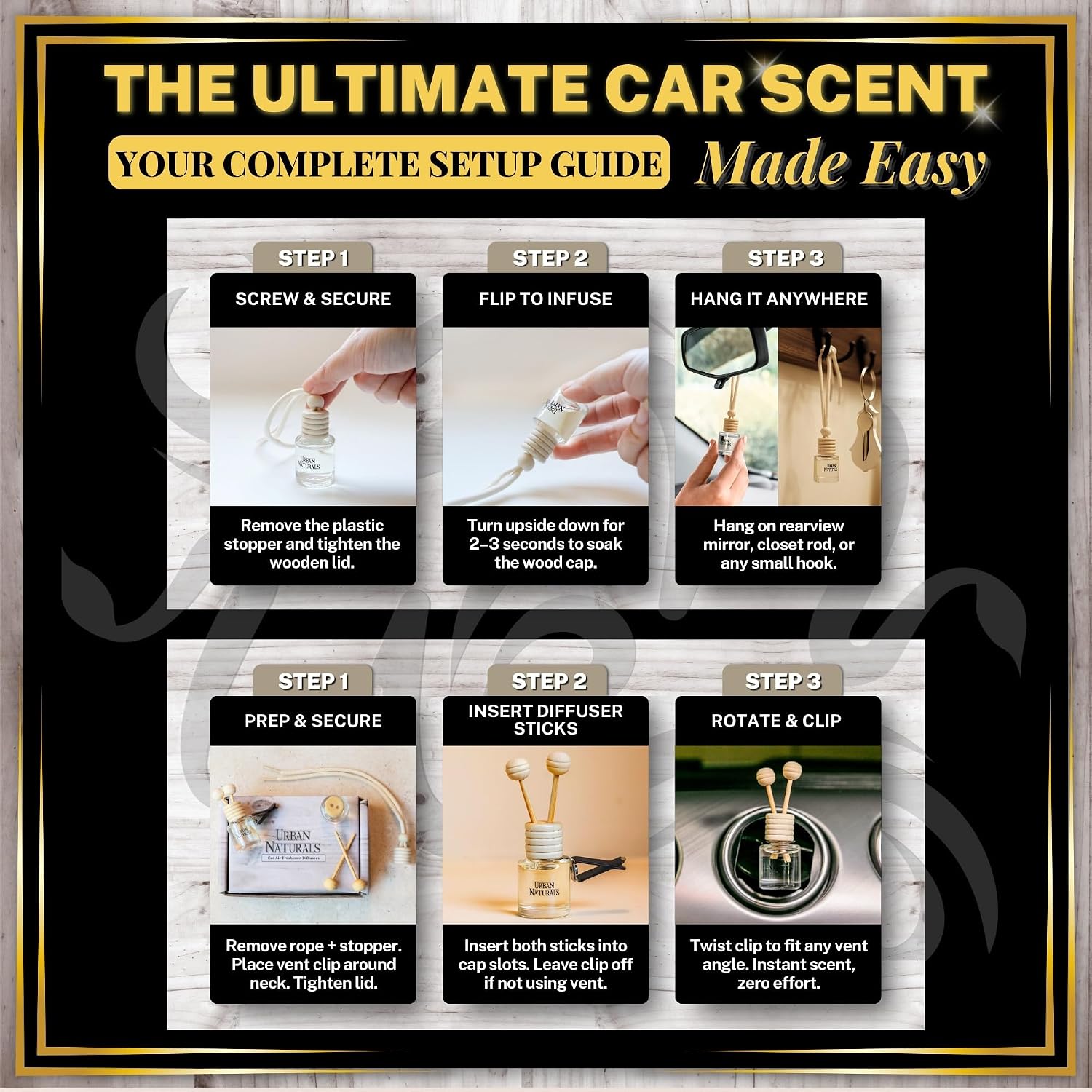 Urban Naturals Car Air Freshener Diffuser 1 Pack - Citrus Bliss Scent, 45+ Days Long Lasting Fragrance, Made in USA, Glass & Wood, Hanging Design + Vent Cip, Easy to Use