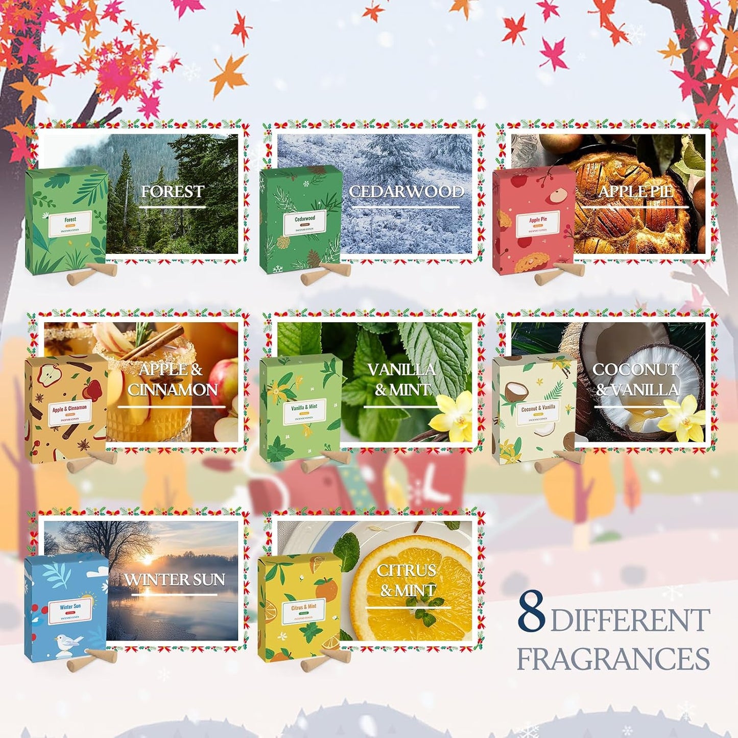 SCENTORINI Incense Cones 120 Pcs, Scented Incense Cones with Holder, Apple & Cinmamon, Cedarwood, Coconut & Vanilla, Forest, Vanilla & Mint, Cinnamon, Citrus & Mint, Winter Sun, Apple Pie