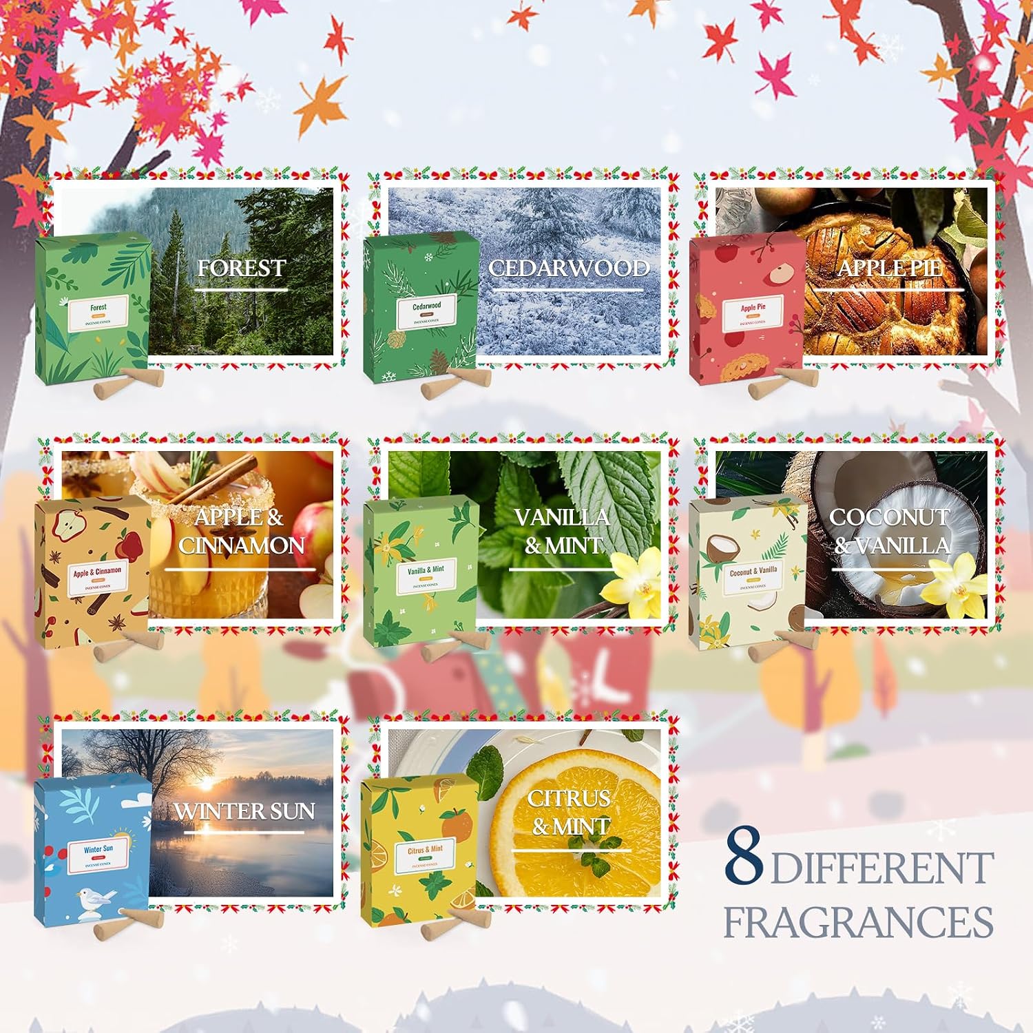 SCENTORINI Incense Cones 120 Pcs, Scented Incense Cones with Holder, Apple & Cinmamon, Cedarwood, Coconut & Vanilla, Forest, Vanilla & Mint, Cinnamon, Citrus & Mint, Winter Sun, Apple Pie