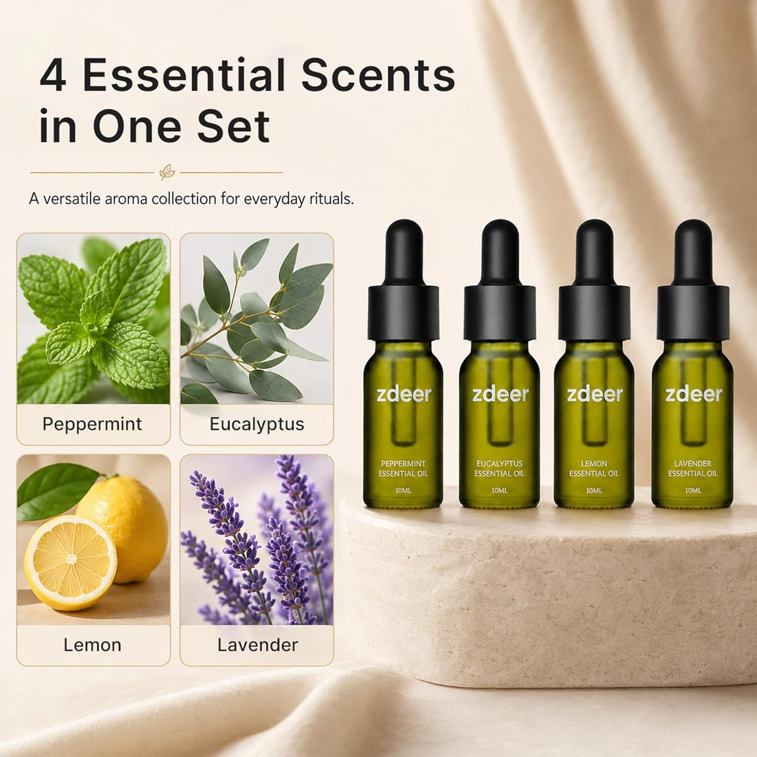 ZDEER 4-Pack Essential Oil Set – Lavender, Grapefruit, Peppermint & Eucalyptus, 4 × 10ml Nourishing Massage Oils for Face & Body, Designed for ZDEER Facial Care Device