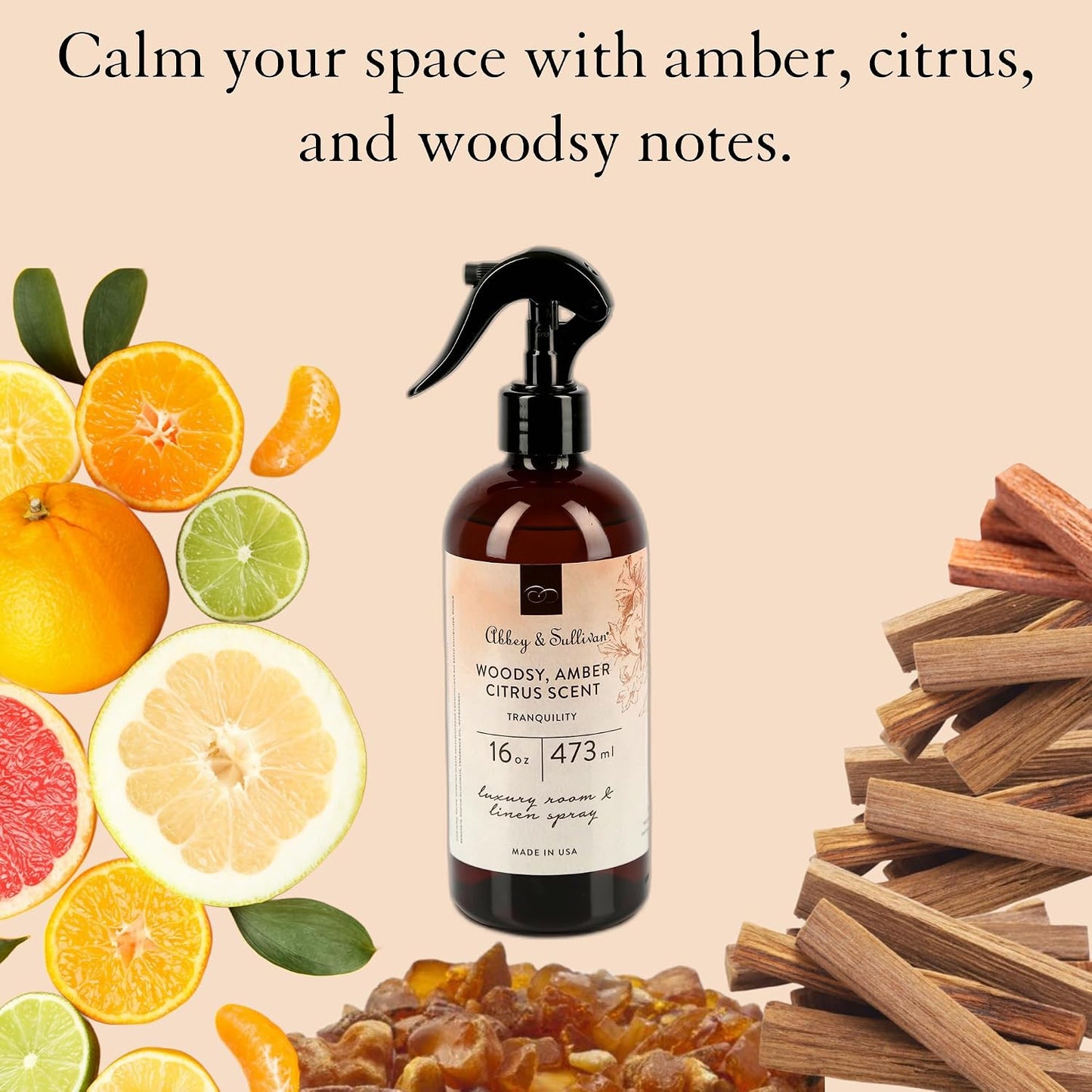 Abbey & Sullivan Linen Spray, Tranquility Warm Amber & Refreshing Citrus Odor Eliminating Scent, Pack of 2, 16 oz