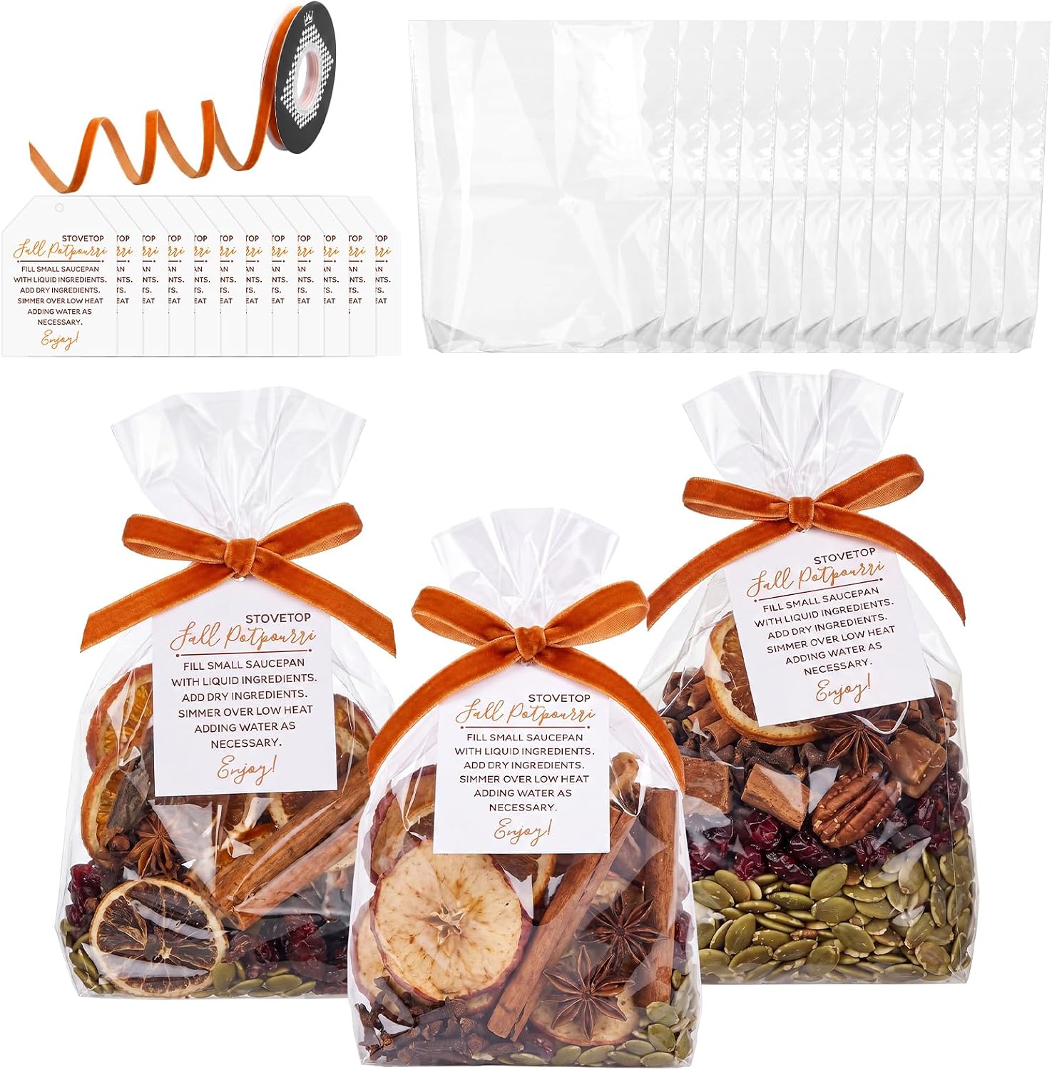 24 Pcs Fall Stovetop Potpourri DIY Kit Empty Sachet Bags 7.9 x 11.8 Inch with Velvet Ribbon Cards Scented Potpourri Bags Autumn Thanksgiving Fall Gift Decoration for Friends Housewarming Hostess